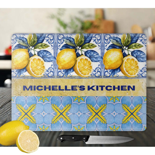 Personalized Glass Cutting Board - Mediterranean Style Tempered Glass Chopping Board for Cheese & Charcuterie, Functional Kitchen Lemon Art
