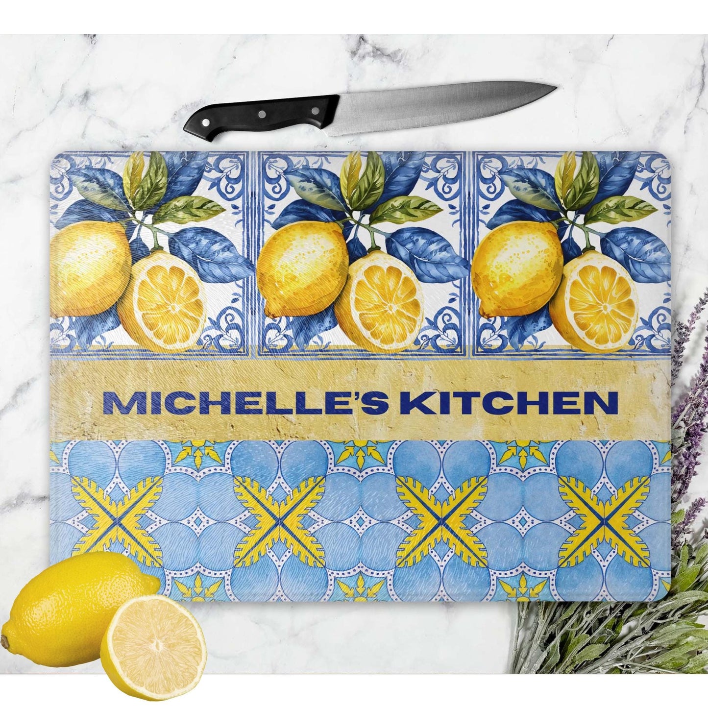Personalized Glass Cutting Board - Mediterranean Style Tempered Glass Chopping Board for Cheese & Charcuterie, Functional Kitchen Lemon Art