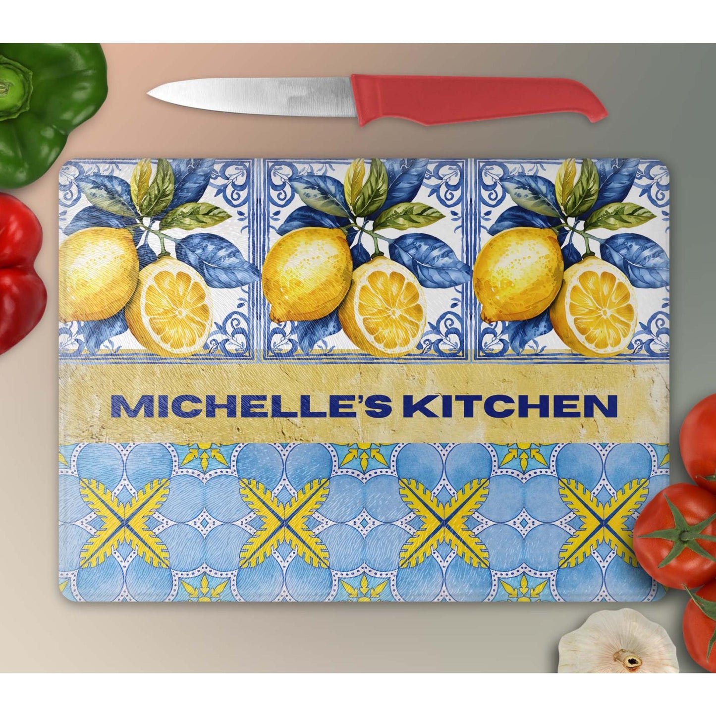 Personalized Glass Cutting Board - Mediterranean Style Tempered Glass Chopping Board for Cheese & Charcuterie, Functional Kitchen Lemon Art