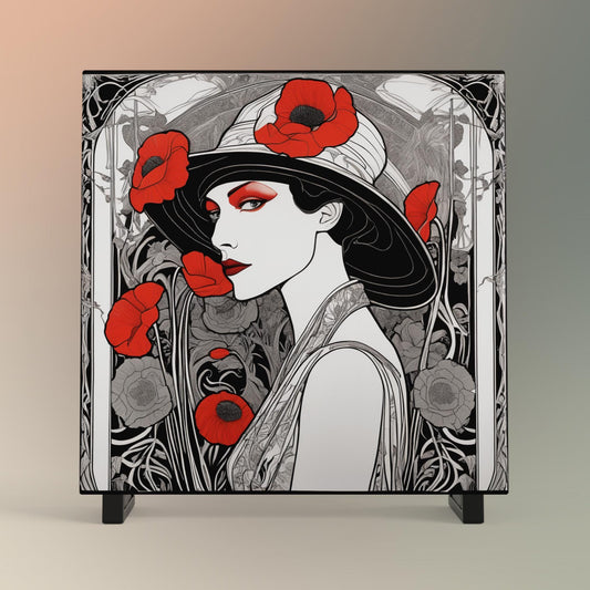 Art Deco Ceramic Tile Art - Red Poppies Woman Design - Elegant Wall Decor for Home - Unique Gift for Art Lovers - Black and White Art