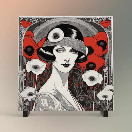 Art Deco Ceramic Tile Art - Red Poppies Woman II Design - Elegant Wall Decor for Home - Unique Gift for Art Lovers - Black and White Art