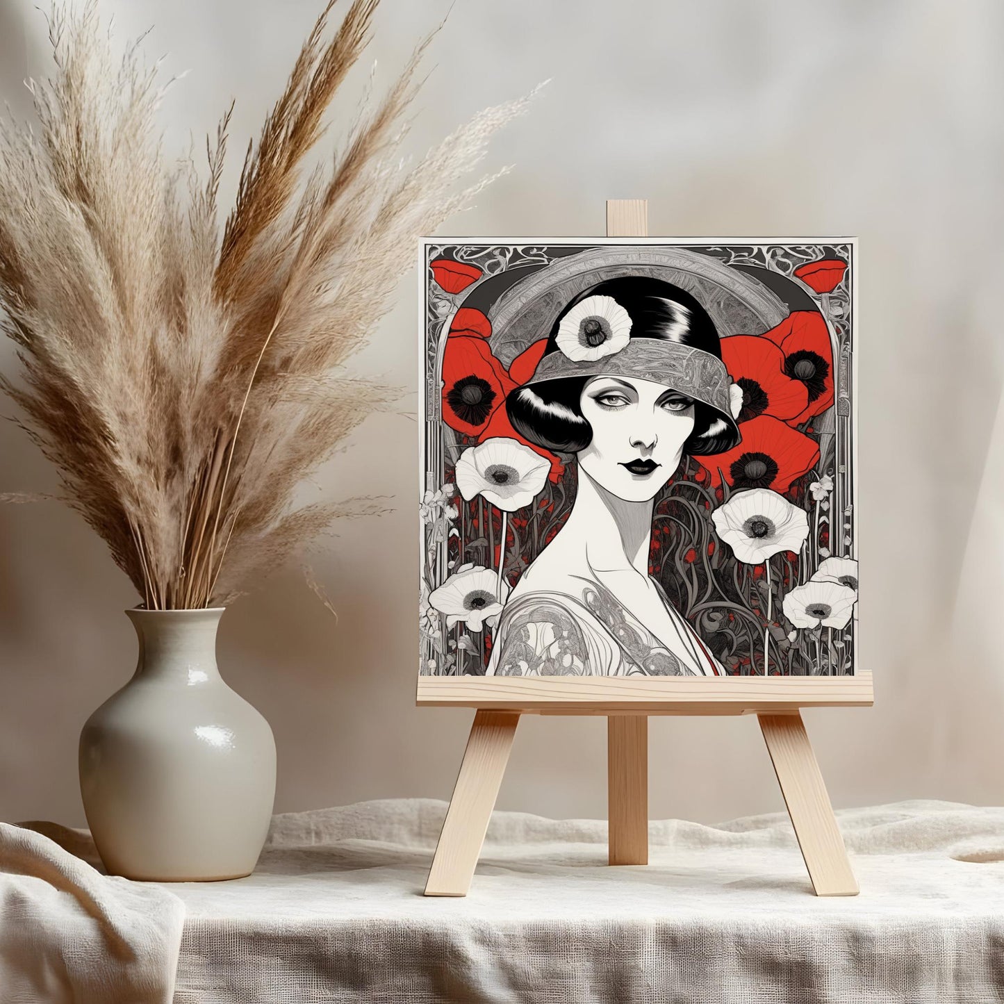 Art Deco Ceramic Tile Art - Red Poppies Woman II Design - Elegant Wall Decor for Home - Unique Gift for Art Lovers - Black and White Art