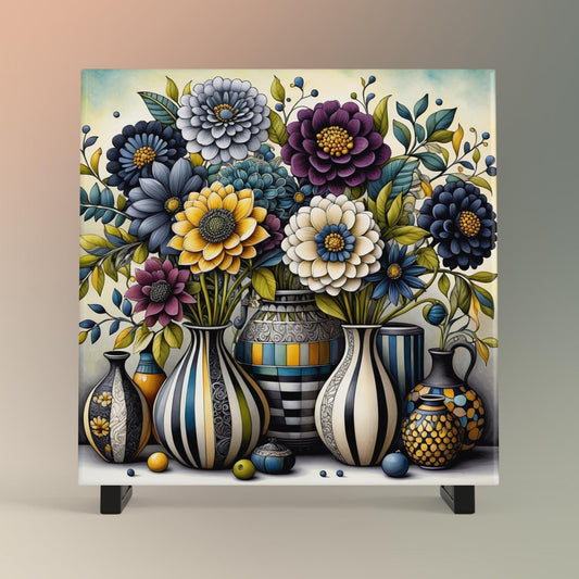 Art Deco Flower Ceramic Tile, Artistic Floral Vase Decor, Beautiful Home Accent, Botanical Art Print, Black and White Artwork