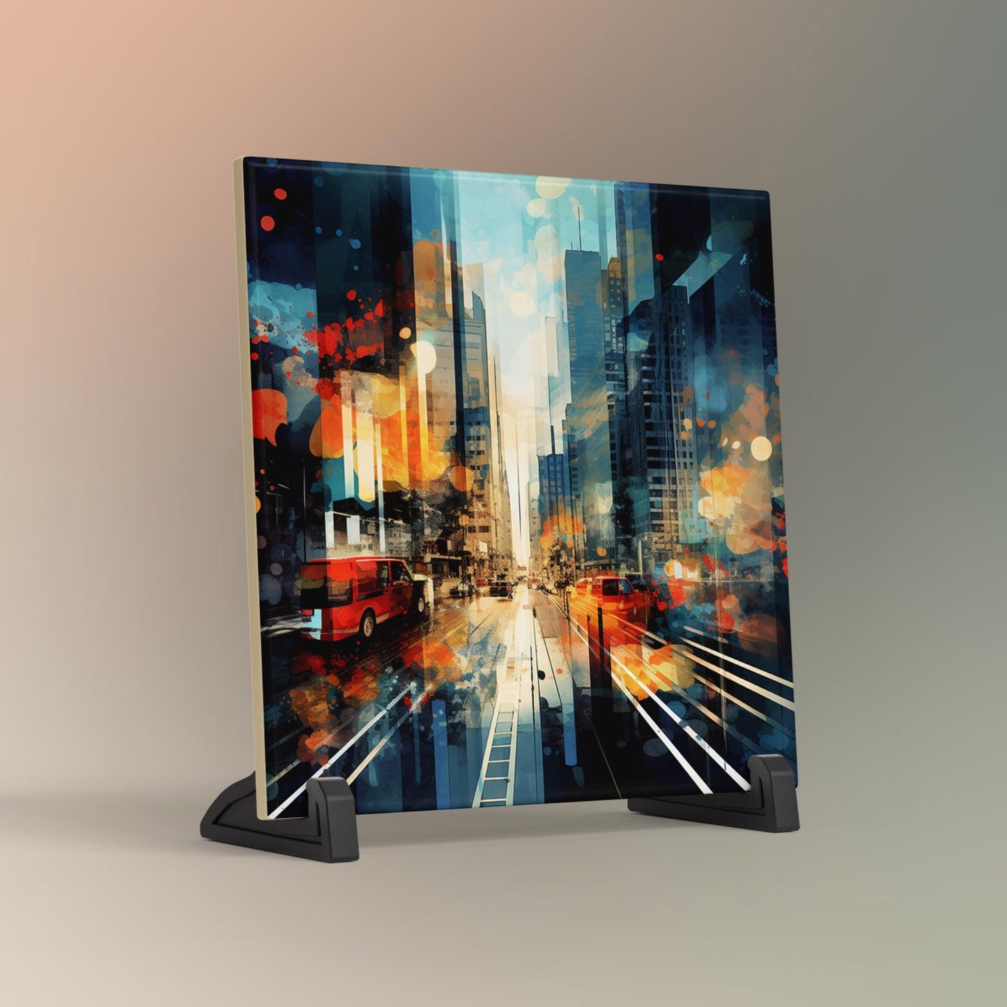 Mid-Century Modern Ceramic Tile Art, Abstract City View Wall Decor, Unique Artistic Accent for Home, Perfect Gift for Art Lovers