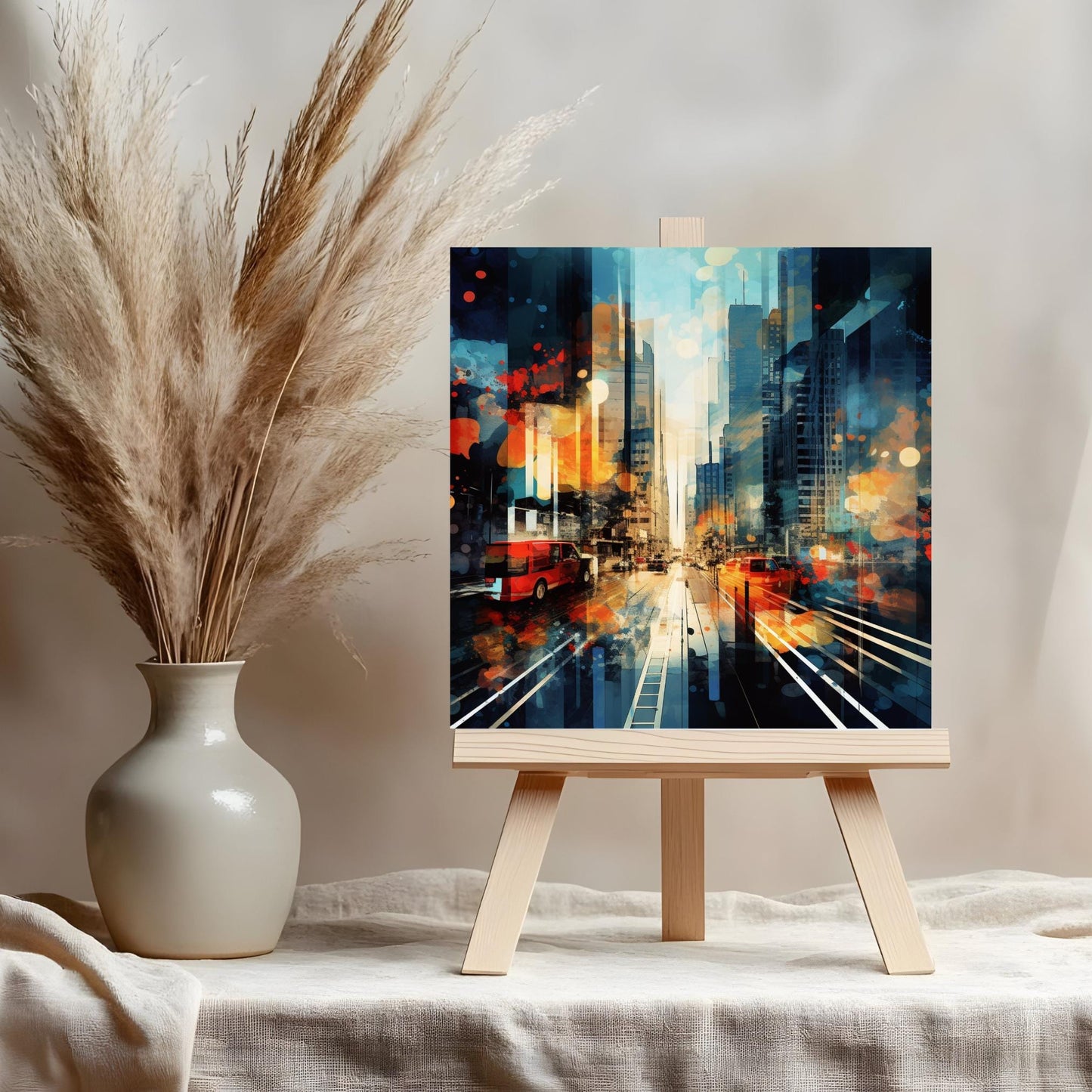 Mid-Century Modern Ceramic Tile Art, Abstract City View Wall Decor, Unique Artistic Accent for Home, Perfect Gift for Art Lovers