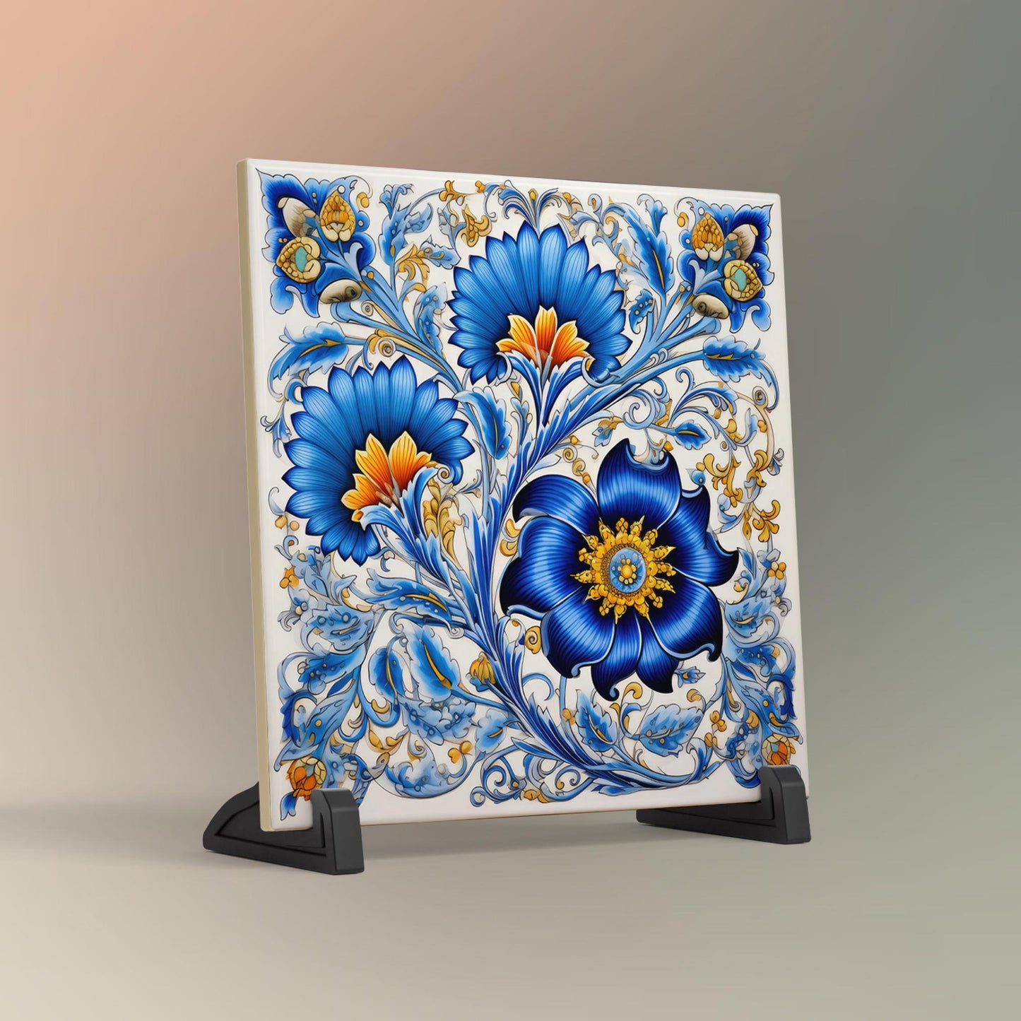 Mediterranean Floral Ceramic Art Tile, Decorative Tile for Elegant Home Decor, Kitchen Wall Art, Trivet Optional