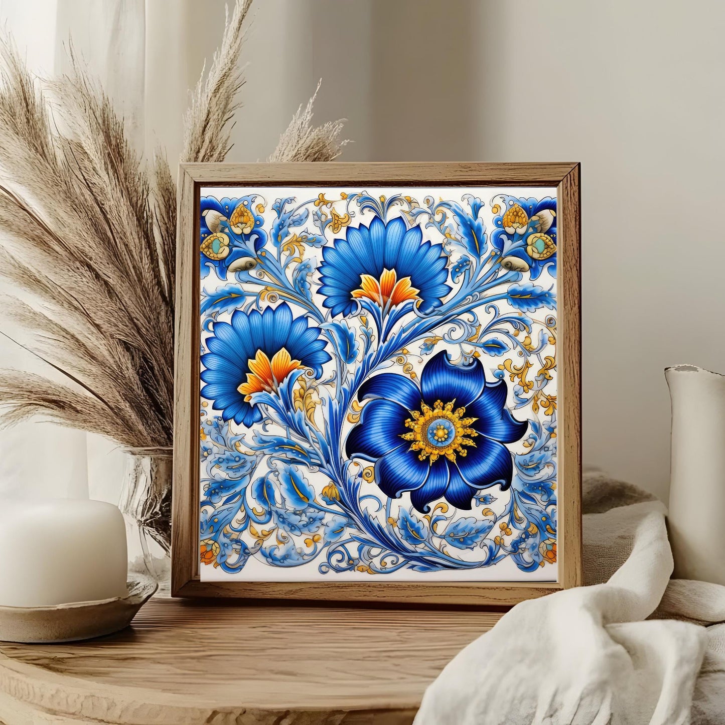 Mediterranean Floral Ceramic Art Tile, Decorative Tile for Elegant Home Decor, Kitchen Wall Art, Trivet Optional