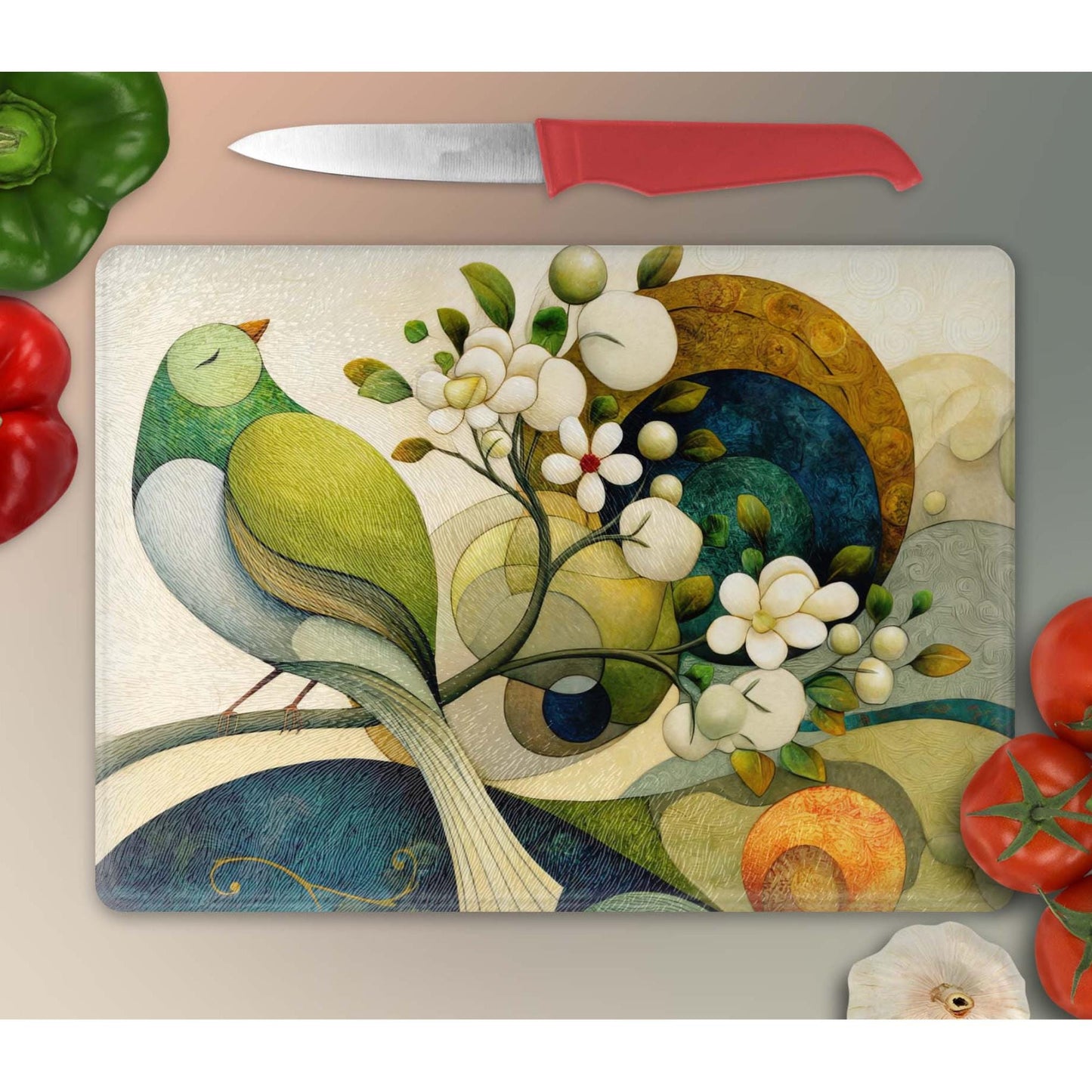 Whimsical Bird and Flowers Tempered Glass Cutting Board, Artistic Kitchen Essential for Meal Prep & Display, Ideal Gift for Home Chefs
