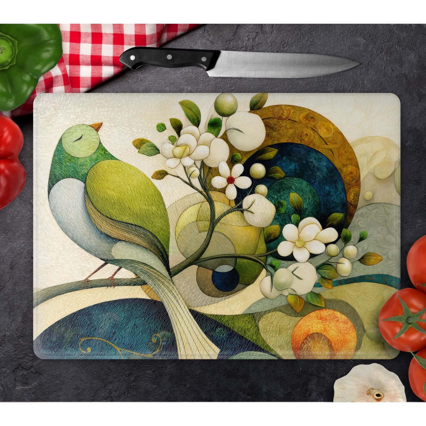 Whimsical Bird and Flowers Tempered Glass Cutting Board, Artistic Kitchen Essential for Meal Prep & Display, Ideal Gift for Home Chefs