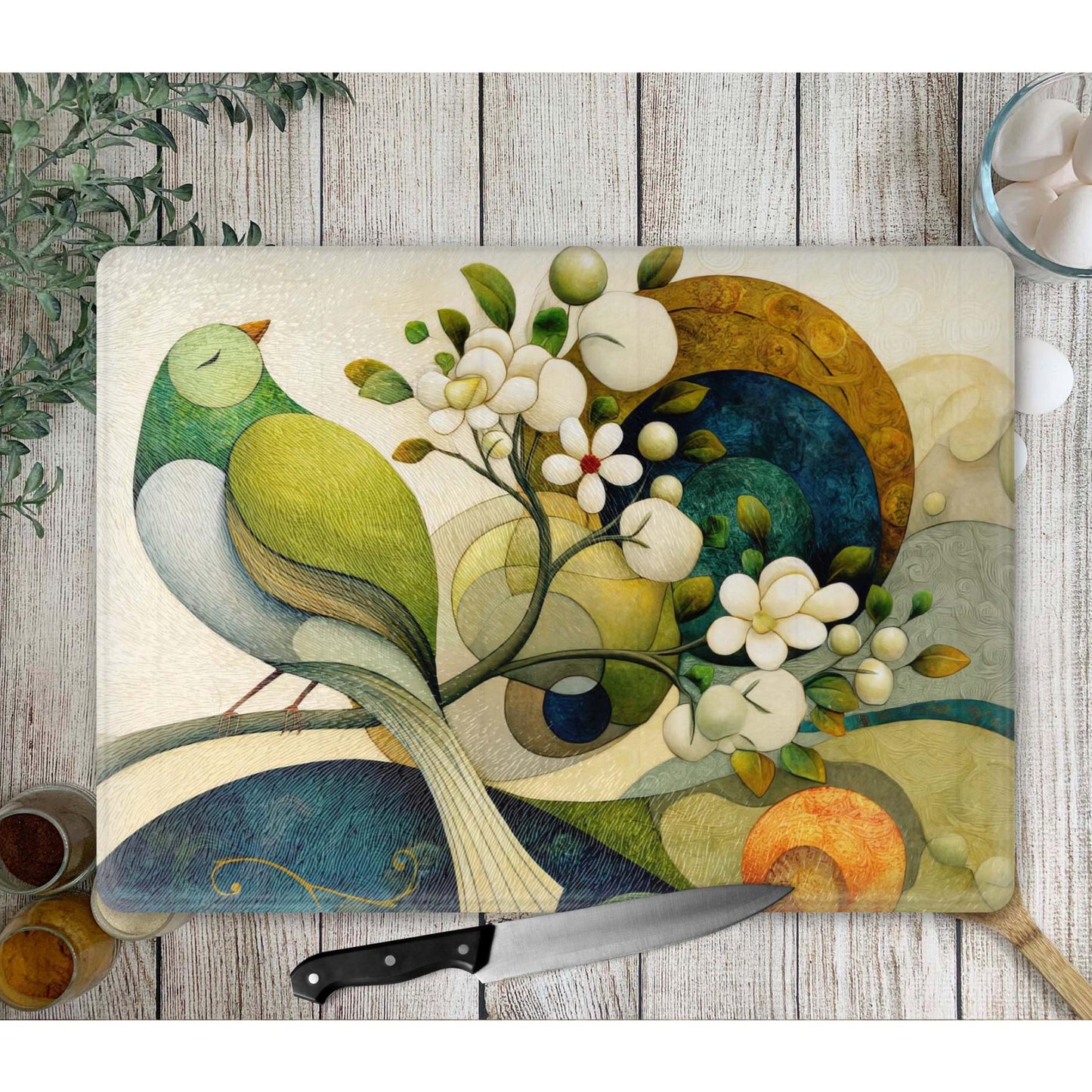 Whimsical Bird and Flowers Tempered Glass Cutting Board, Artistic Kitchen Essential for Meal Prep & Display, Ideal Gift for Home Chefs