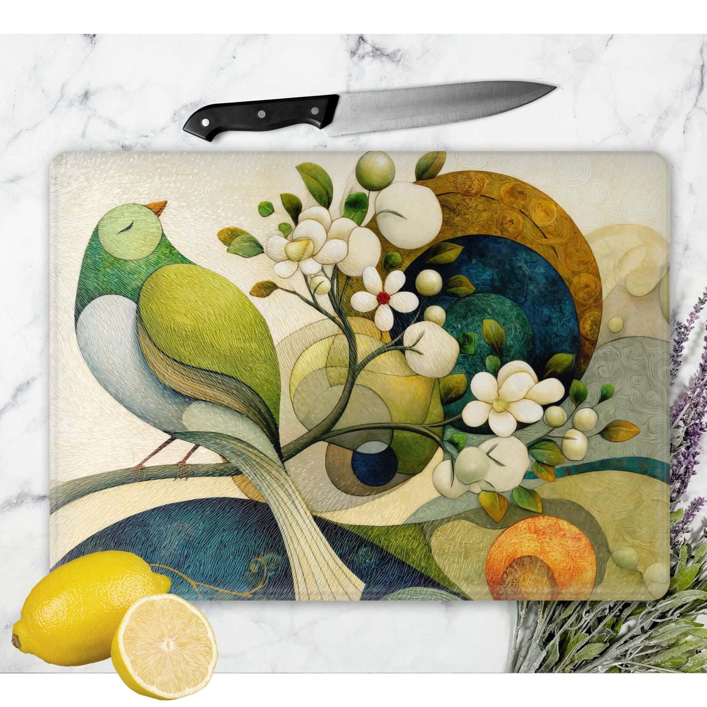 Whimsical Bird and Flowers Tempered Glass Cutting Board, Artistic Kitchen Essential for Meal Prep & Display, Ideal Gift for Home Chefs