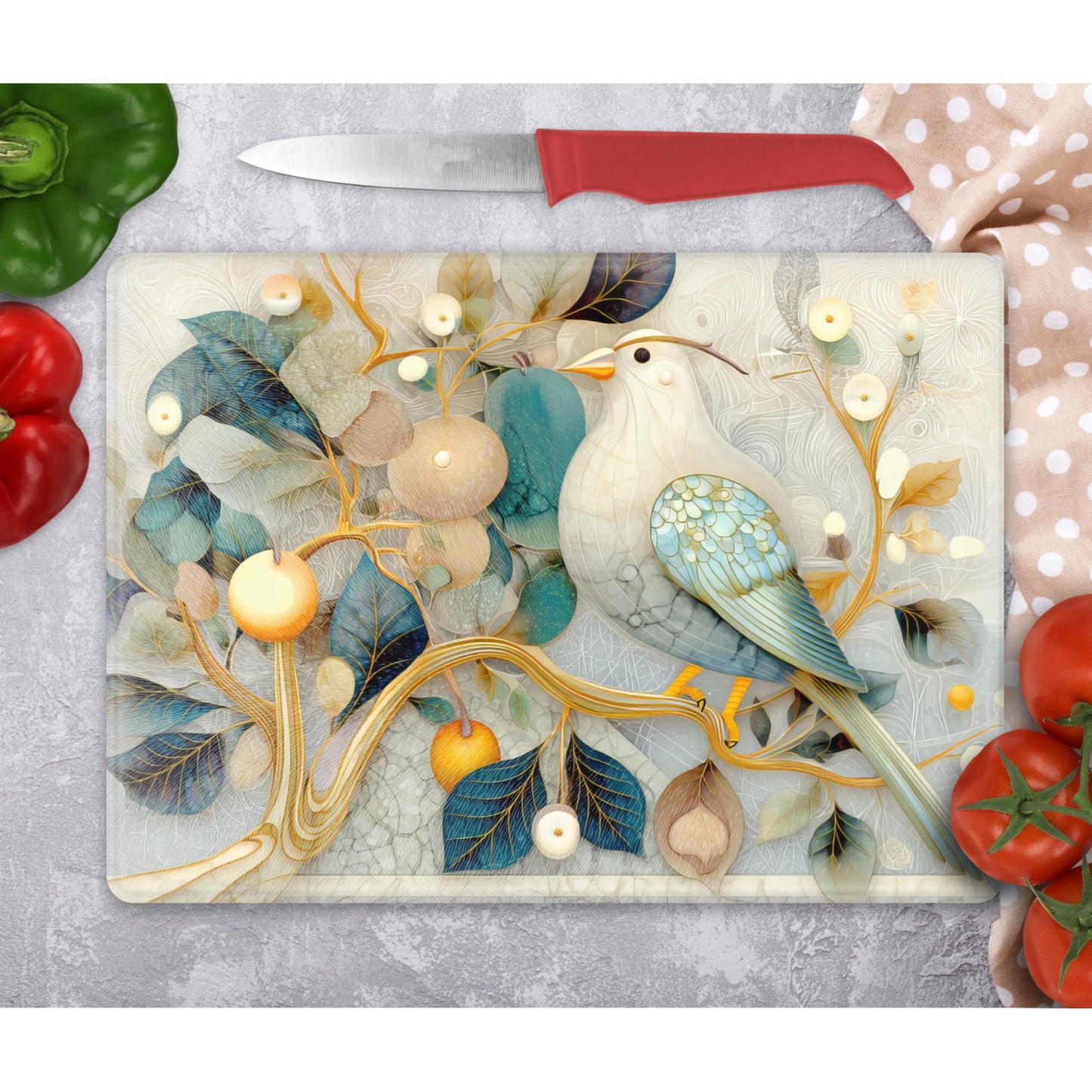 Whimsical Birds Tempered Glass Cutting Board, Artistic Kitchen Essential for Meal Prep & Display, Ideal Gift for Home Chefs