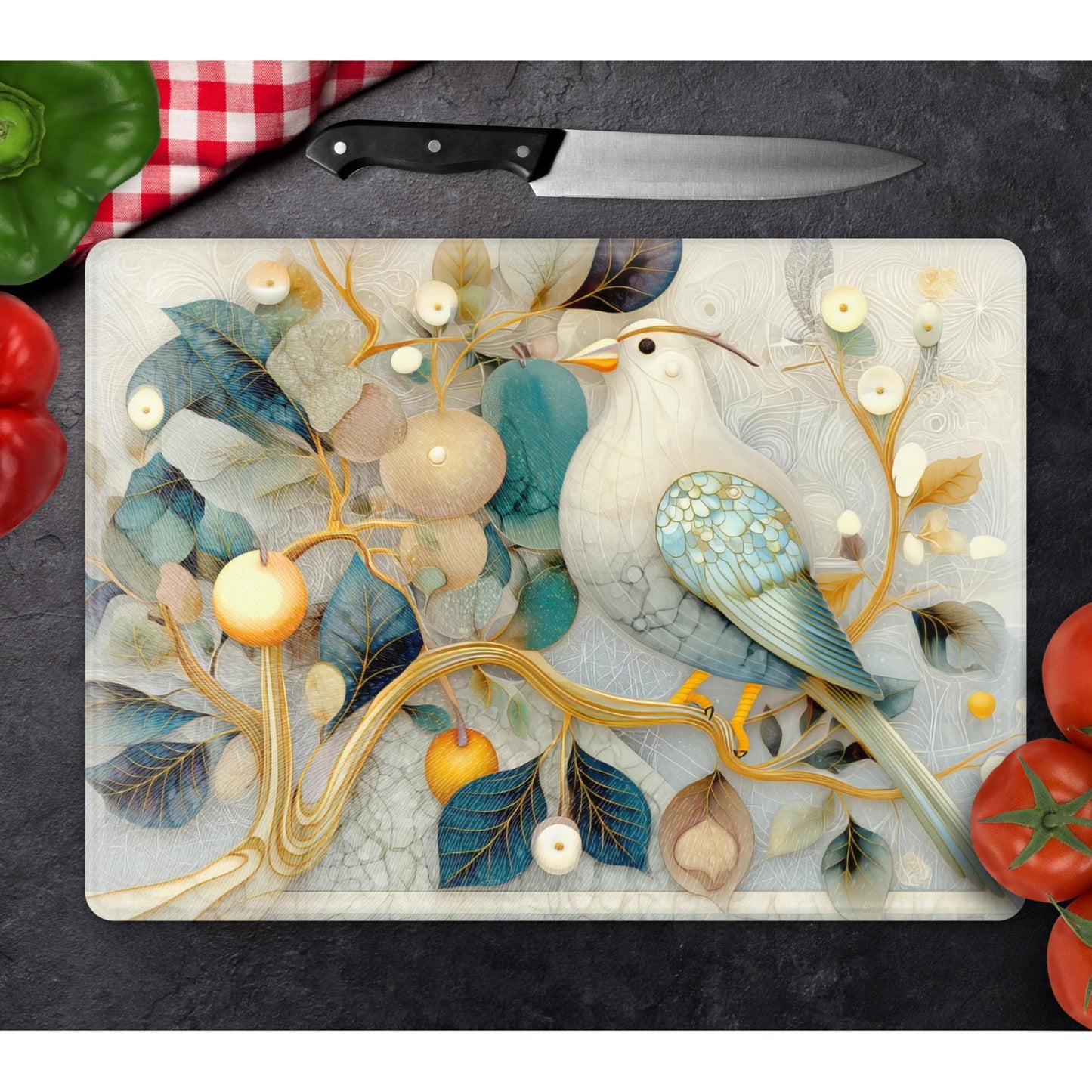 Whimsical Birds Tempered Glass Cutting Board, Artistic Kitchen Essential for Meal Prep & Display, Ideal Gift for Home Chefs