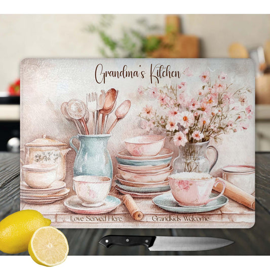 Grandma's Kitchen Glass Cutting Board, Stunning Tempered Glass Serving Tray for Charcuterie, Thoughtful Gift from Grandkids