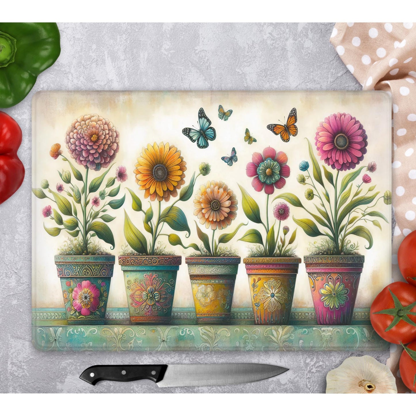 Vintage Potted Flowers Glass Cutting Board - Beautiful Tempered Glass Cheese & Charcuterie Board - Ideal Hostess Gift for Kitchen