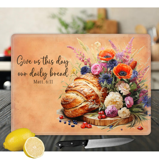Inspirational Glass Cutting Board - "Give Us This Day Our Daily Bread" Tempered Chopping Board for Cheese & Charcuterie Gift