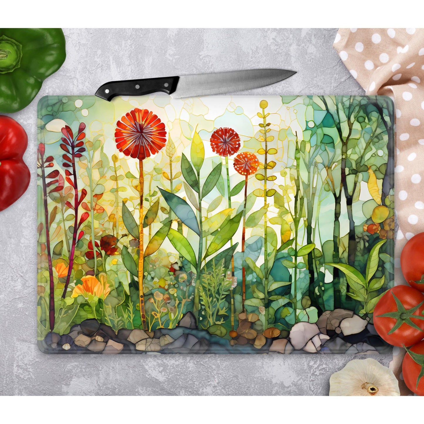 Whimsical Wildflowers Glass Cutting Board - Floral Tempered Glass Chopping Board for Cheese & Charcuterie, Functional Kitchen Art