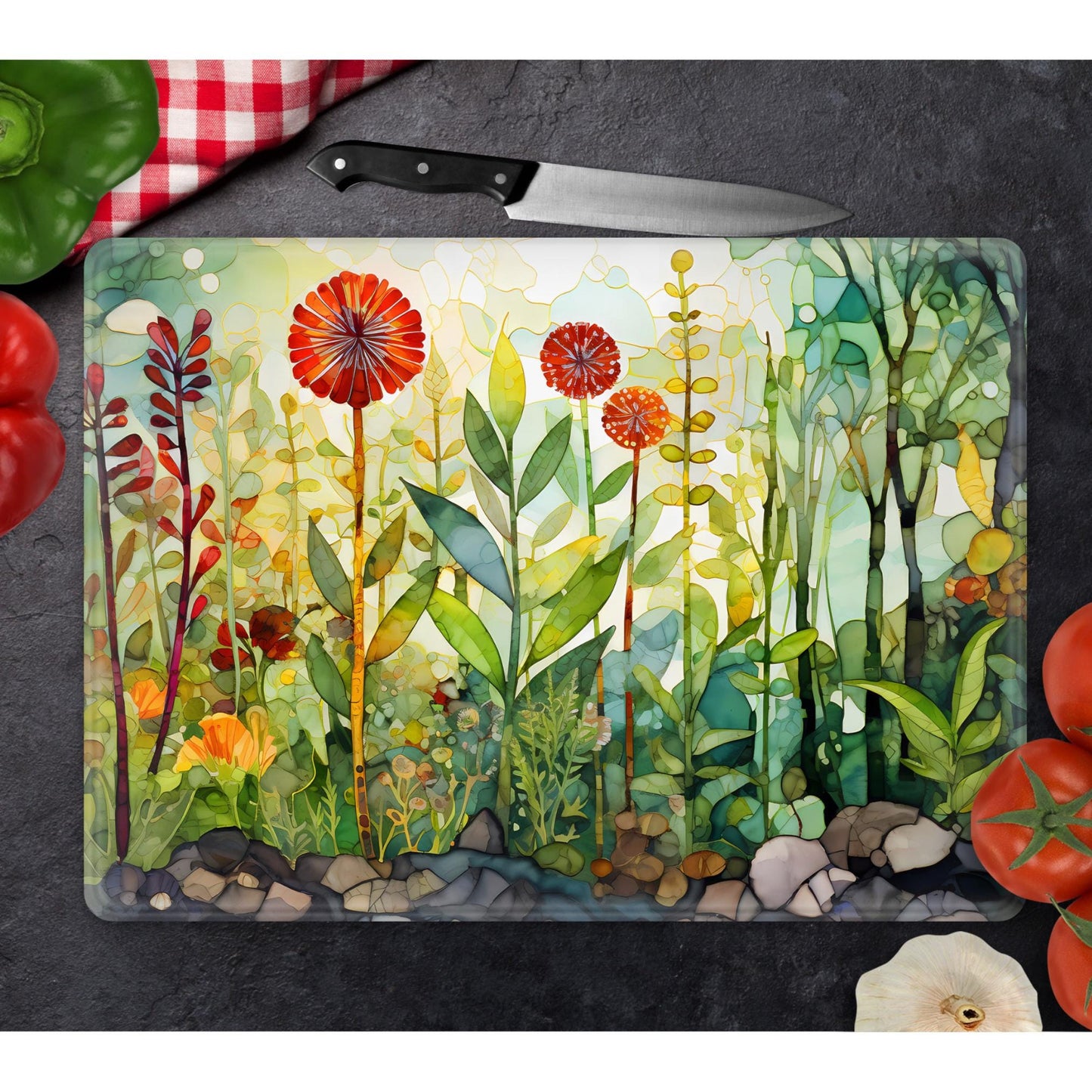 Whimsical Wildflowers Glass Cutting Board - Floral Tempered Glass Chopping Board for Cheese & Charcuterie, Functional Kitchen Art