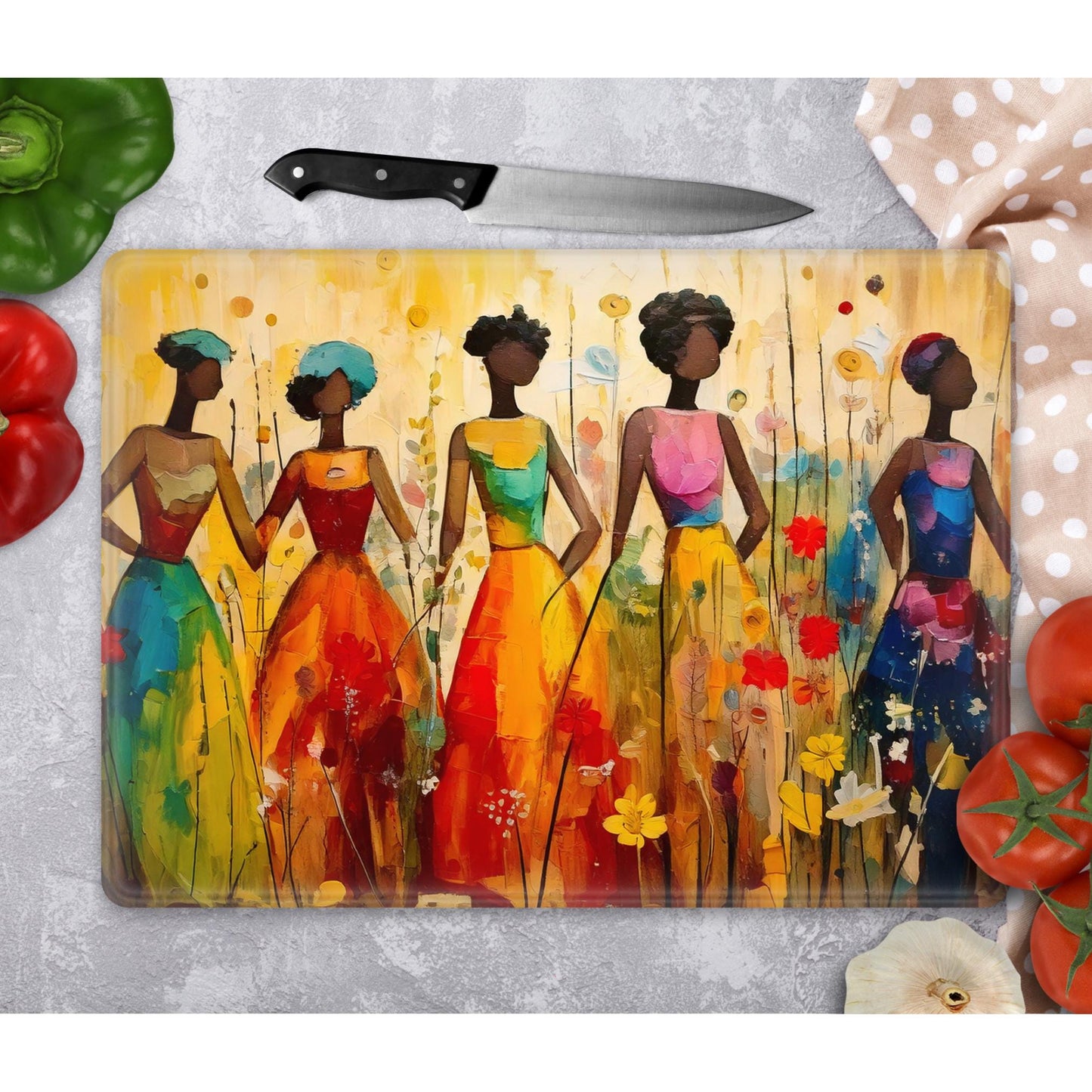 Afrocentric Glass Cutting Board, Charcuterie Board, Serving Tray, Hostess Housewarming, African Decor, Functional Kitchen Art