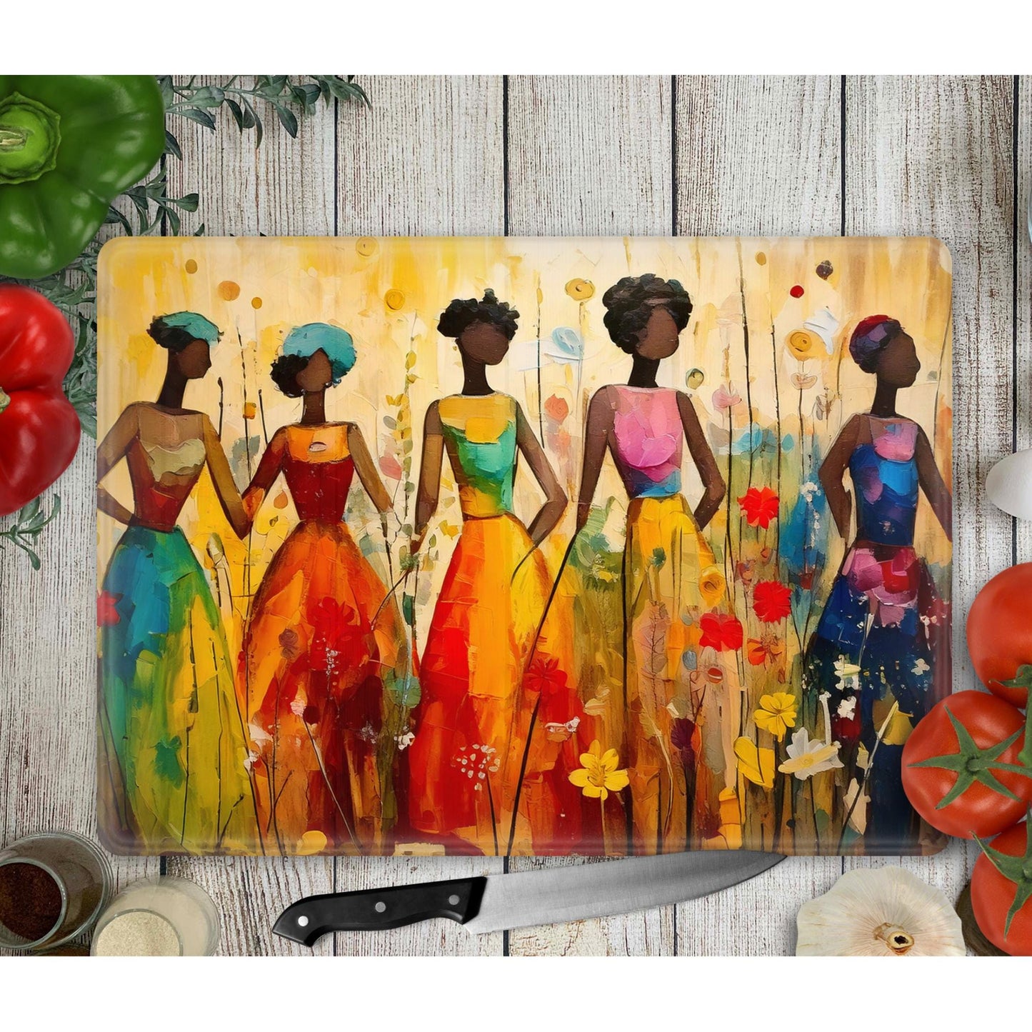 Afrocentric Glass Cutting Board, Charcuterie Board, Serving Tray, Hostess Housewarming, African Decor, Functional Kitchen Art