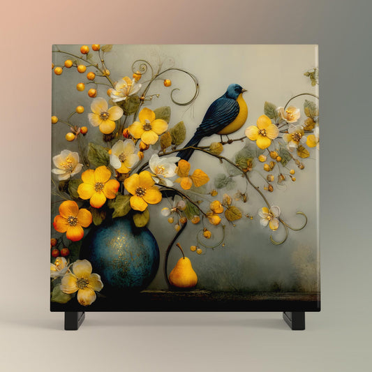 Bird on a Branch of Colorful Flowers Tile Art, Charming Art Nouveau Wall Decor, A Unique Gift for Nature Lovers and Bird Enthusiasts