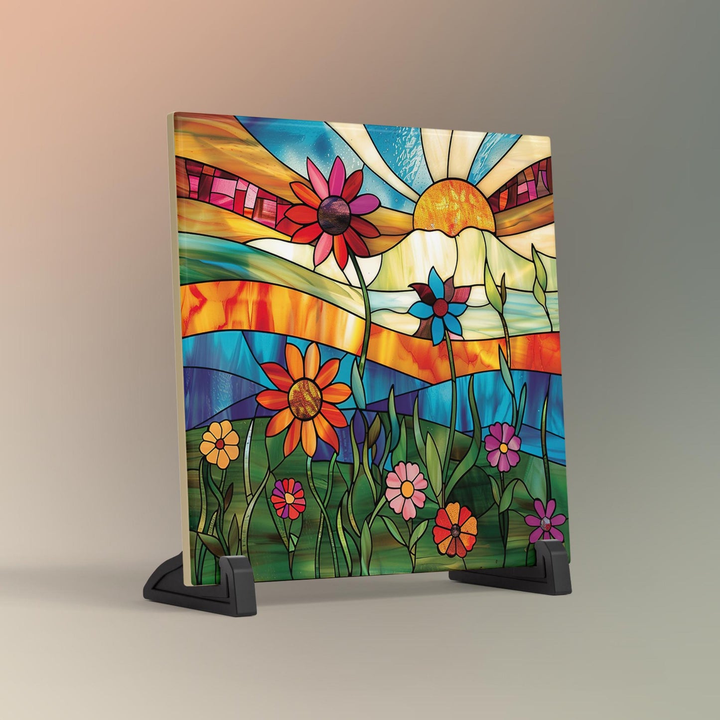 Sunrise Wildflower Ceramic Art Tile, Stained Glass Look Artwork, Beautiful Ceramic Tile for Artful Display and Perfect Gift Idea