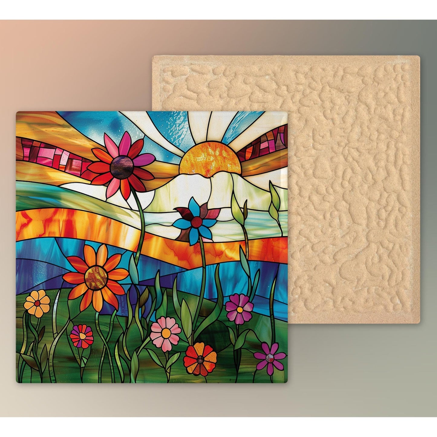 Sunrise Wildflower Ceramic Art Tile, Stained Glass Look Artwork, Beautiful Ceramic Tile for Artful Display and Perfect Gift Idea