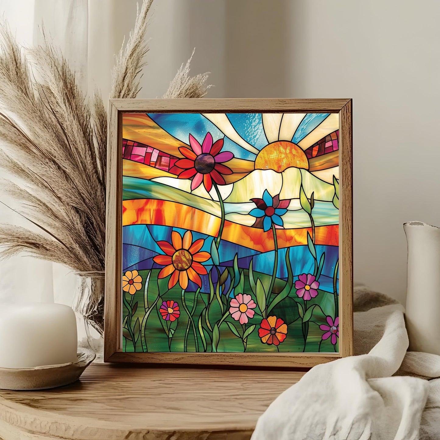 Sunrise Wildflower Ceramic Art Tile, Stained Glass Look Artwork, Beautiful Ceramic Tile for Artful Display and Perfect Gift Idea
