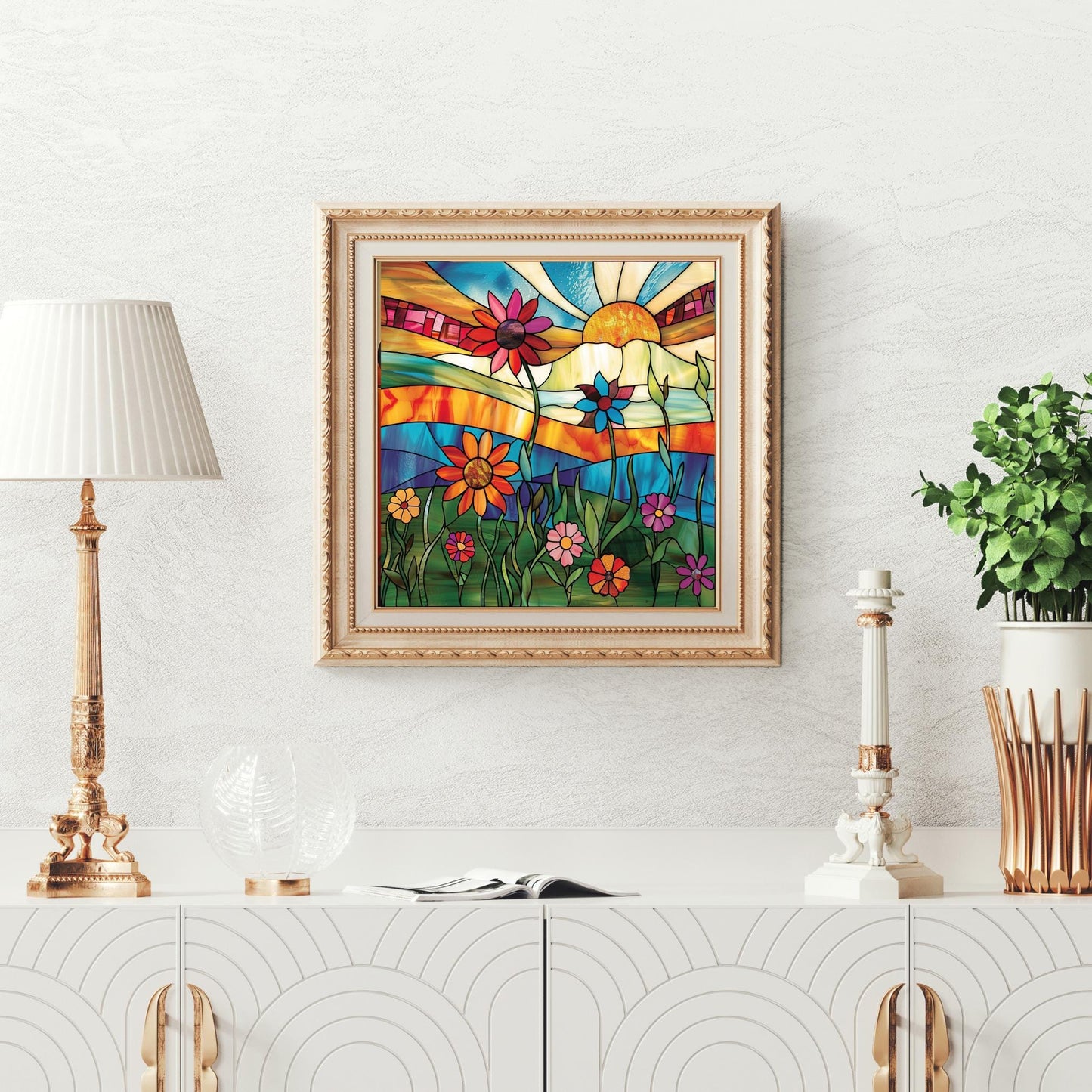 Sunrise Wildflower Ceramic Art Tile, Stained Glass Look Artwork, Beautiful Ceramic Tile for Artful Display and Perfect Gift Idea