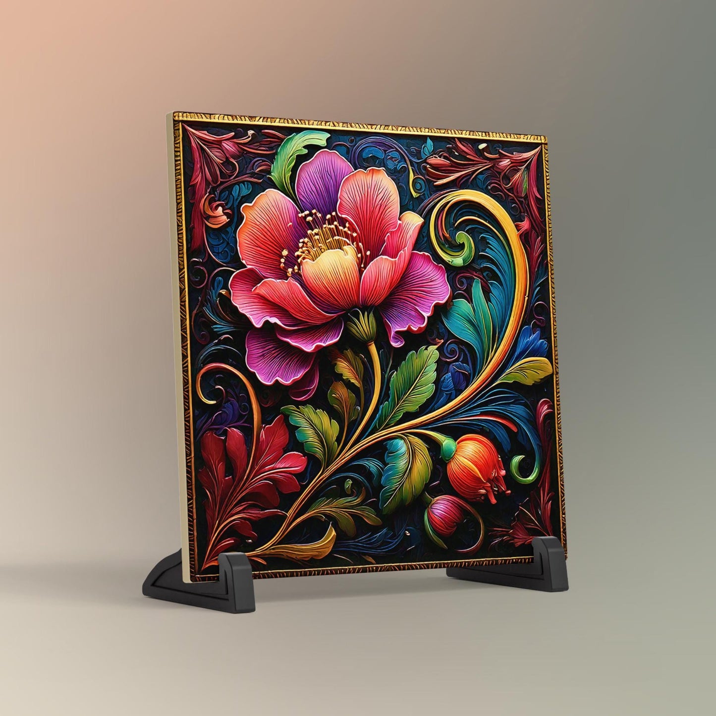 Floral Ceramic Tile Art Nouveau Style, Detailed Flower Design for Stunning Home Decor, Unique Gift for Nature Lovers