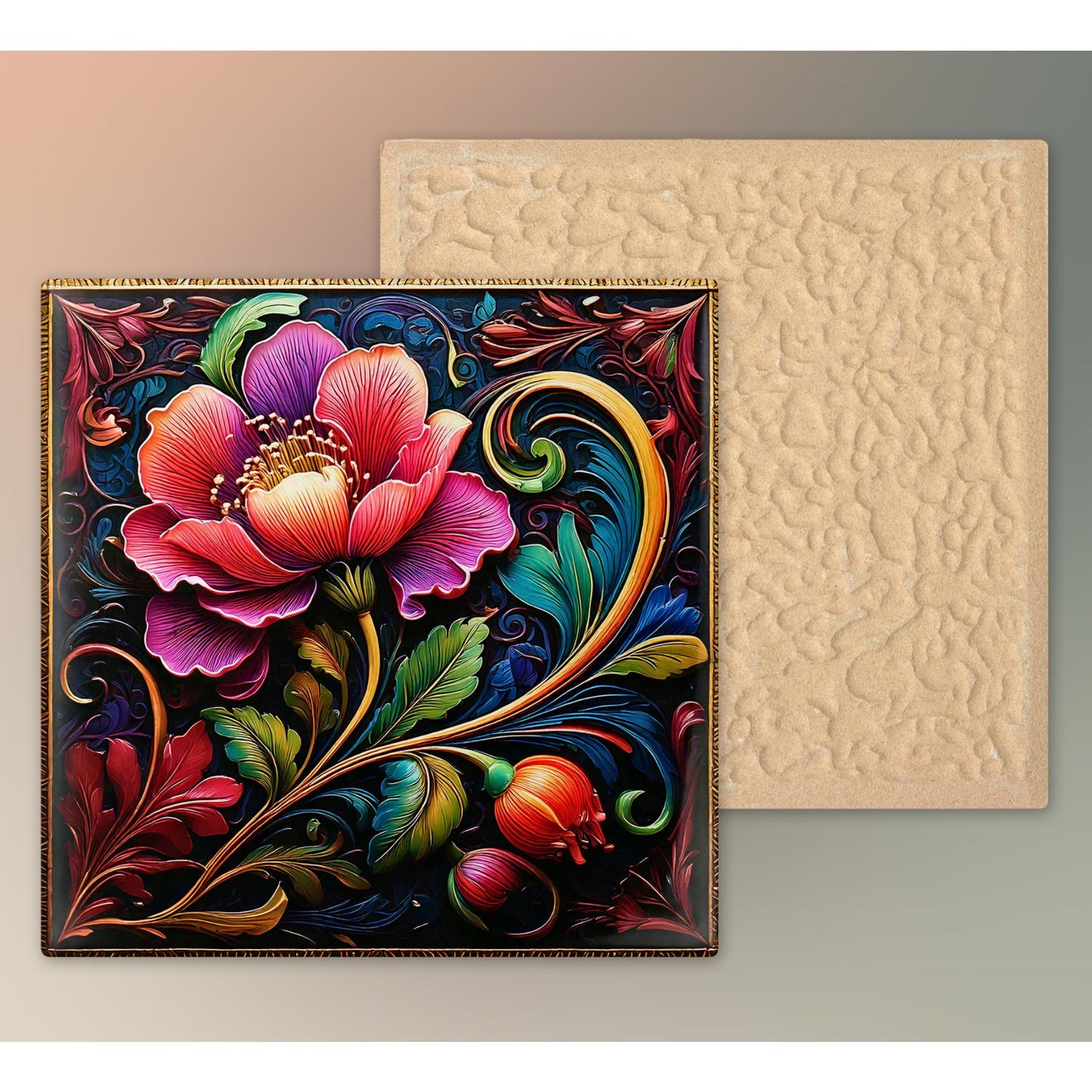 Floral Ceramic Tile Art Nouveau Style, Detailed Flower Design for Stunning Home Decor, Unique Gift for Nature Lovers