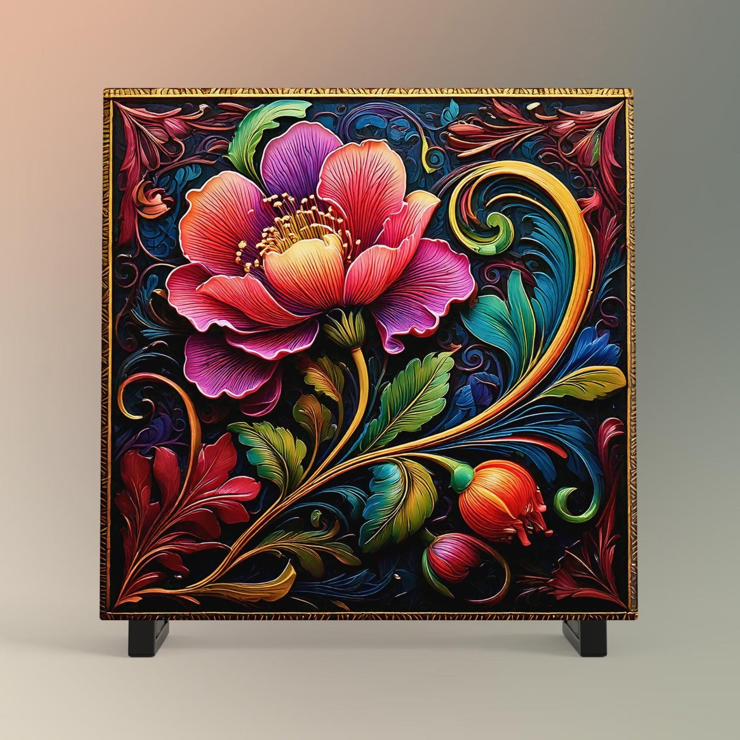 Floral Ceramic Tile Art Nouveau Style, Detailed Flower Design for Stunning Home Decor, Unique Gift for Nature Lovers