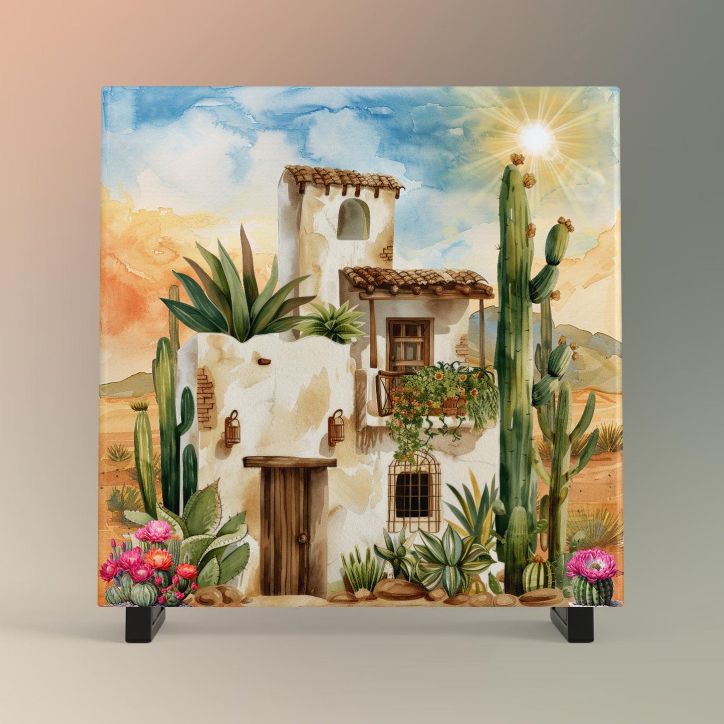 Southwest Adobe House Ceramic Tile II, Desert Art for Home Decor, Arizona & New Mexico Wall Decor, Unique Home Southwestern Artwork