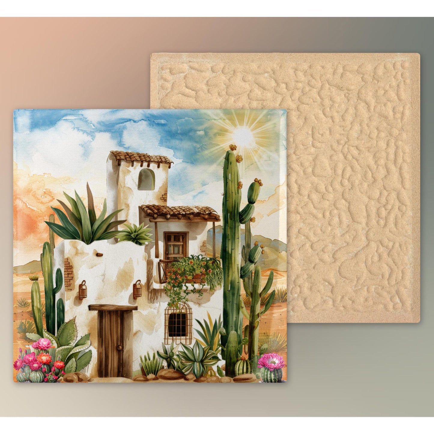 Southwest Adobe House Ceramic Tile II, Desert Art for Home Decor, Arizona & New Mexico Wall Decor, Unique Home Southwestern Artwork