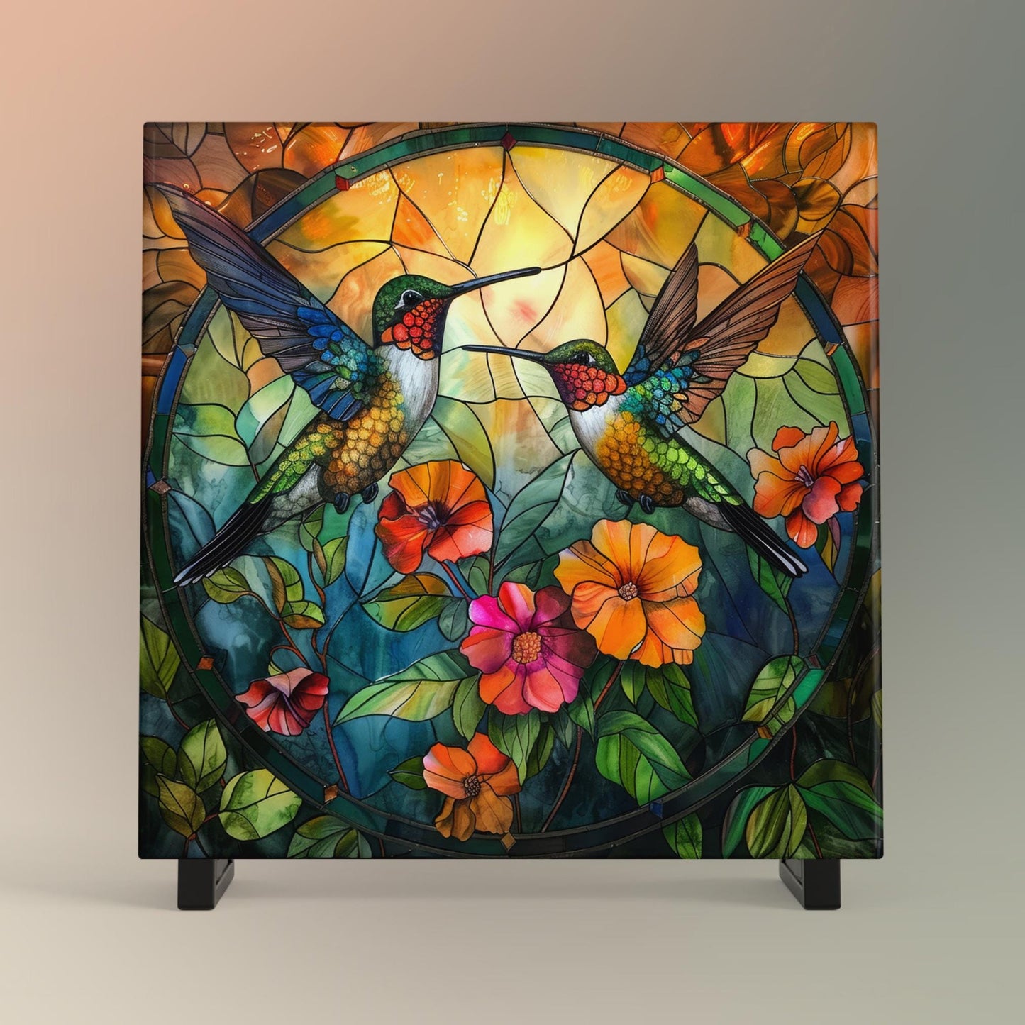 Hummingbird Art Ceramic Tile, Vibrant Stained Glass Look, Decorative Wall Art for Bird Enthusiasts, Perfect  for Nature Lovers, Kitchen Art