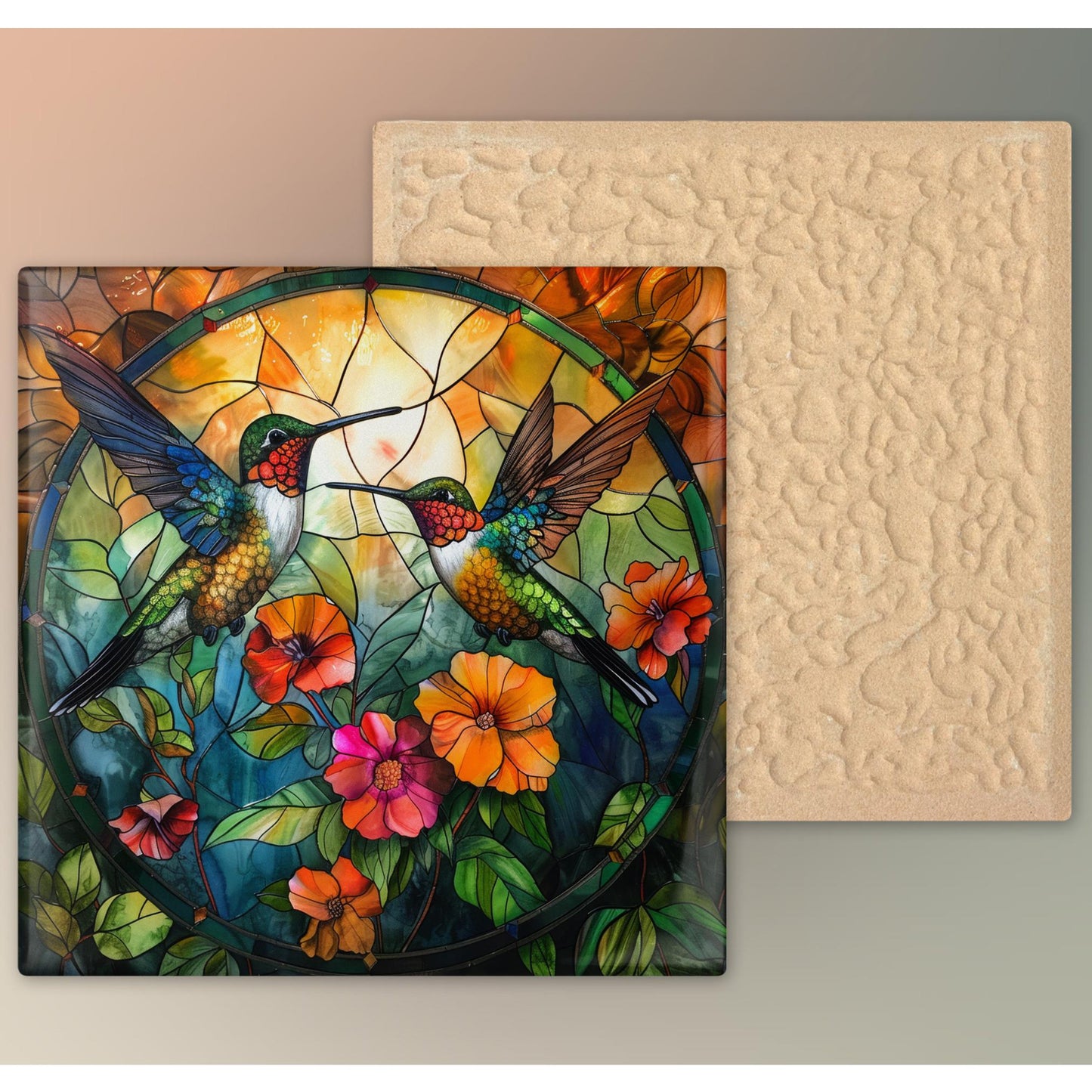 Hummingbird Art Ceramic Tile, Vibrant Stained Glass Look, Decorative Wall Art for Bird Enthusiasts, Perfect  for Nature Lovers, Kitchen Art
