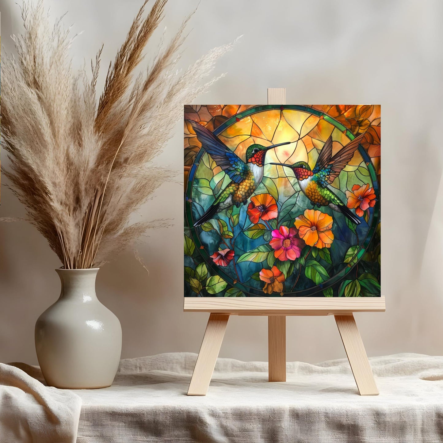 Hummingbird Art Ceramic Tile, Vibrant Stained Glass Look, Decorative Wall Art for Bird Enthusiasts, Perfect  for Nature Lovers, Kitchen Art