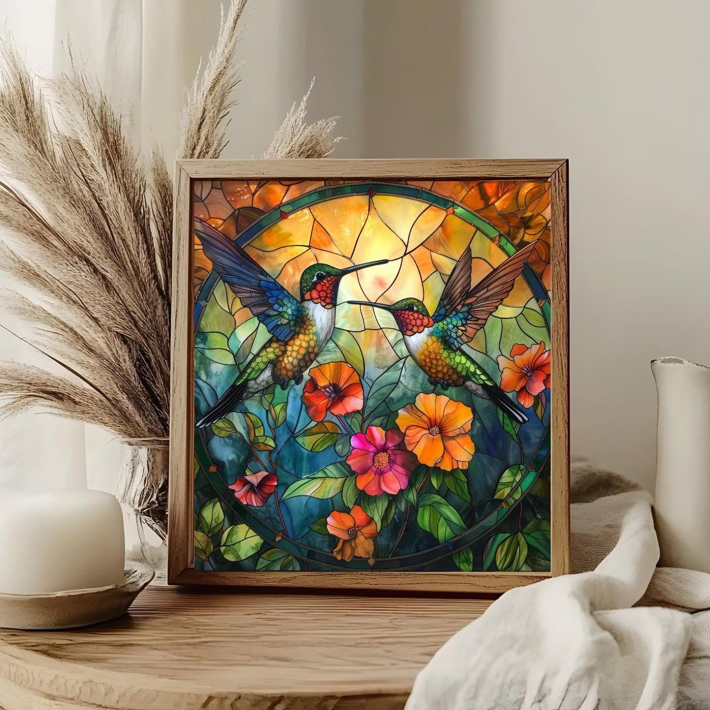 Hummingbird Art Ceramic Tile, Vibrant Stained Glass Look, Decorative Wall Art for Bird Enthusiasts, Perfect  for Nature Lovers, Kitchen Art