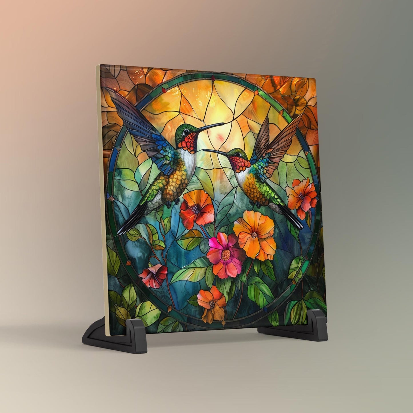 Hummingbird Art Ceramic Tile, Vibrant Stained Glass Look, Decorative Wall Art for Bird Enthusiasts, Perfect  for Nature Lovers, Kitchen Art