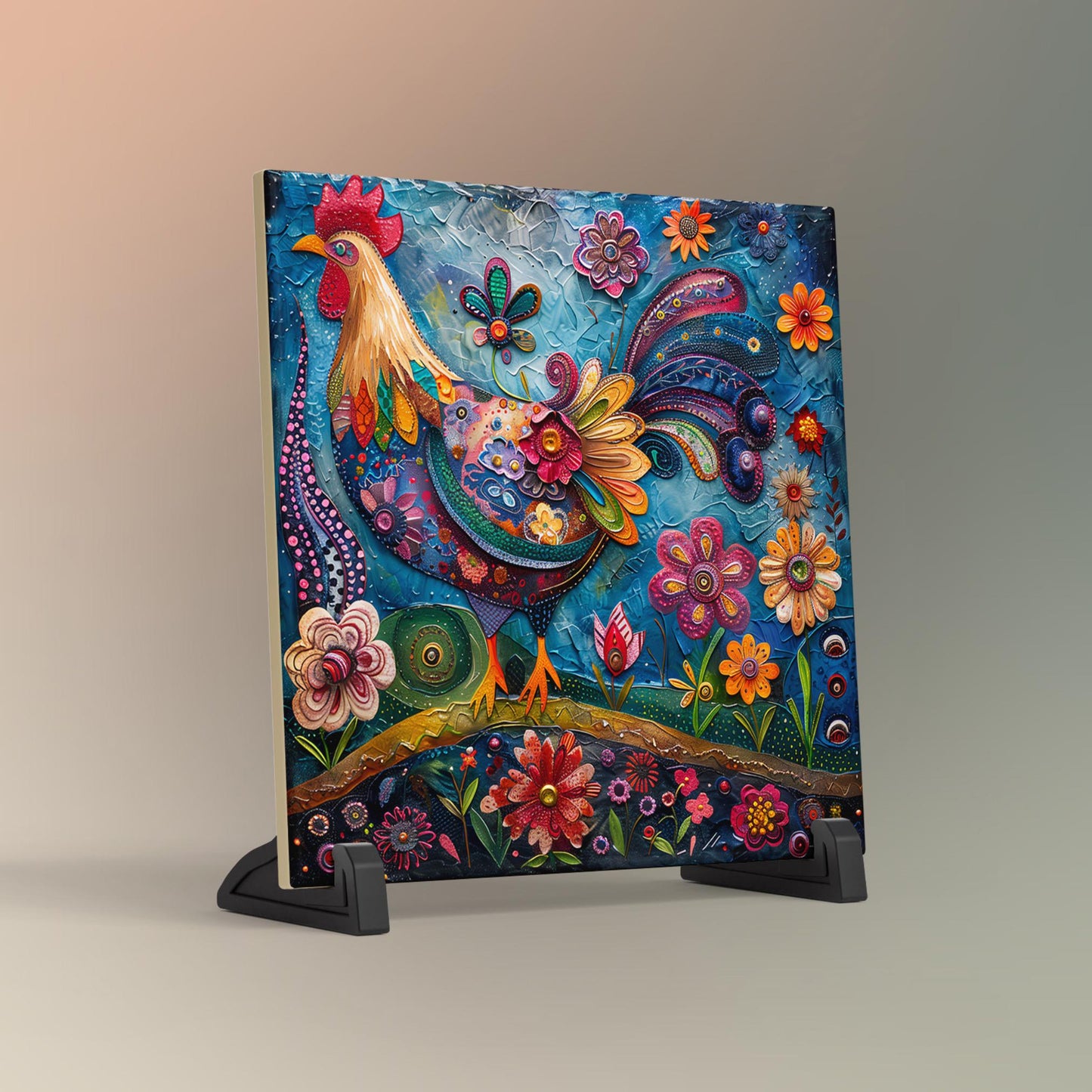 Folk Art Rooster Ceramic Tile | Whimsical Kitchen Decor for Farmhouse Style | Shabby Chic Home Decor