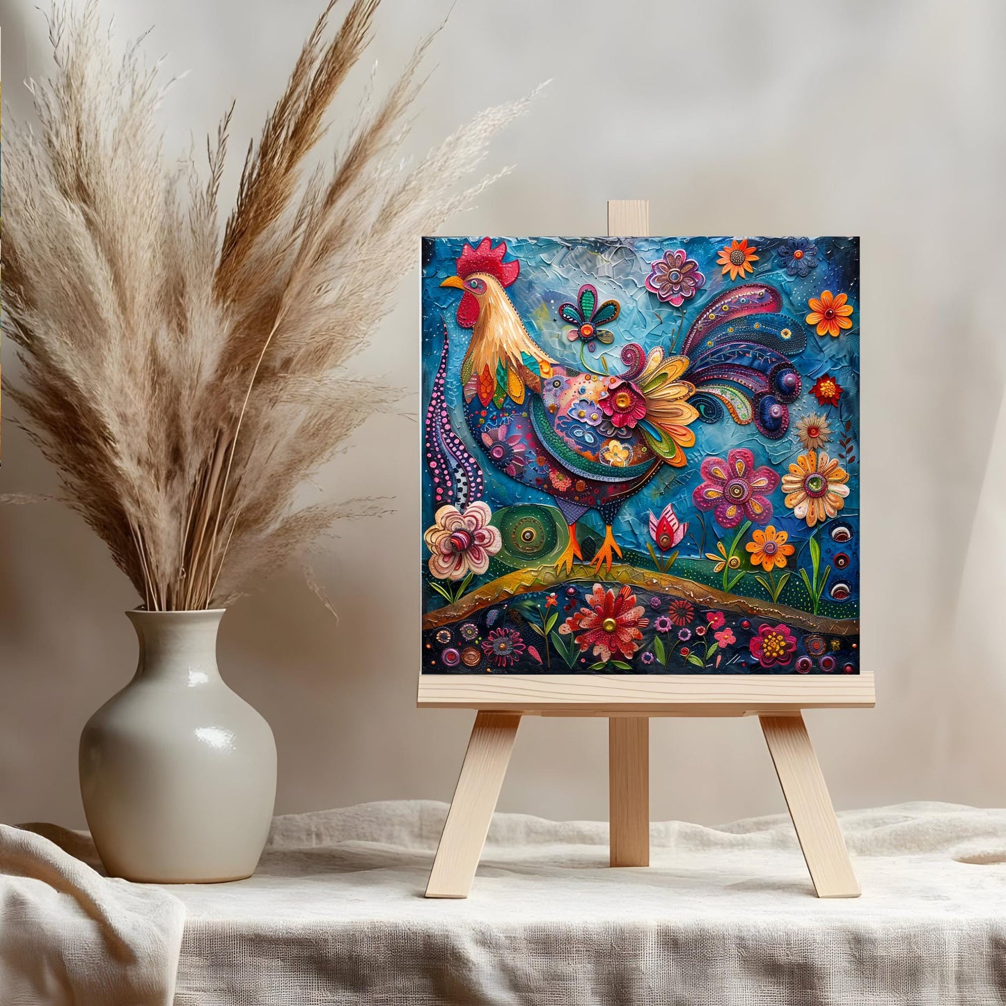 Folk Art Rooster Ceramic Tile | Whimsical Kitchen Decor for Farmhouse Style | Shabby Chic Home Decor