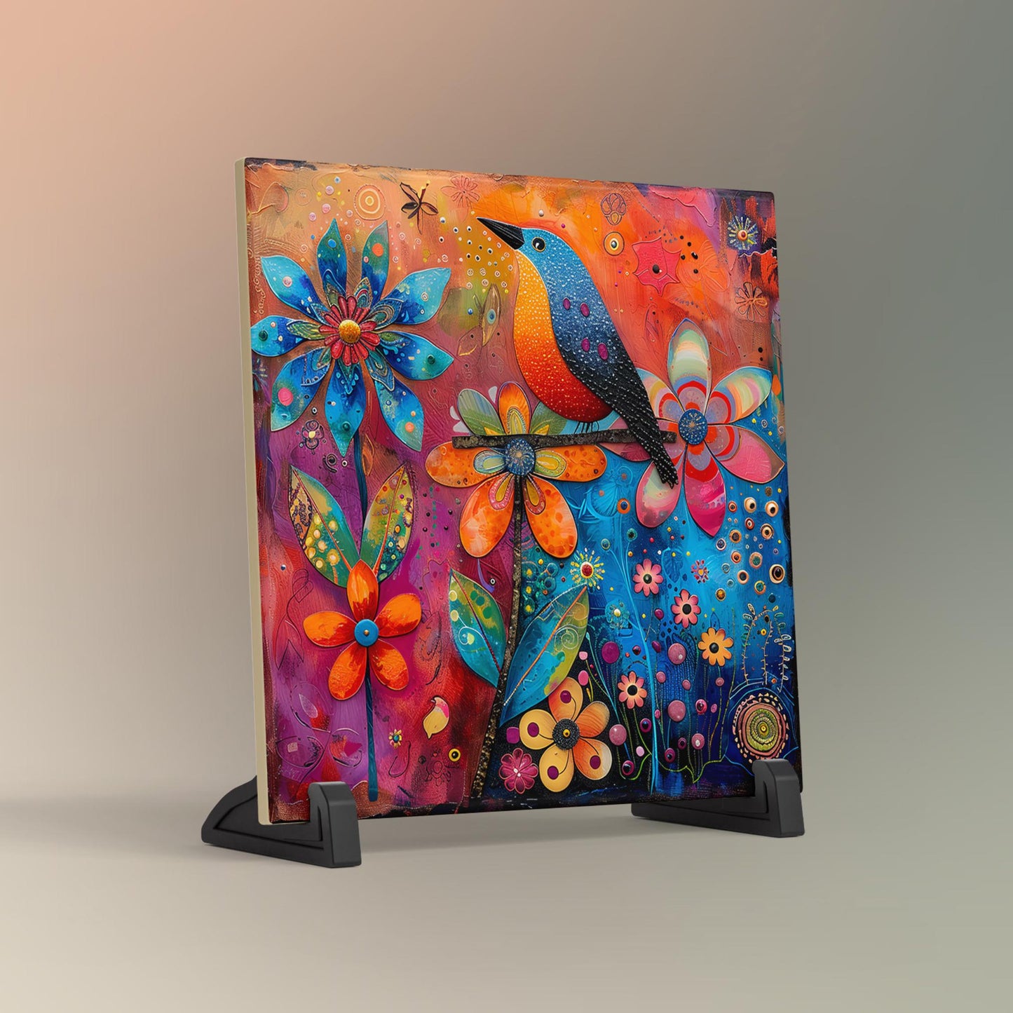 Quirky Birds Ceramic Tile Art, Whimsical Folk Art Decor for Bird Lovers, Perfect Nature-Inspired Gift and Home Accent
