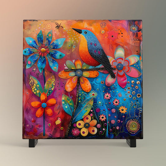 Quirky Birds Ceramic Tile Art, Whimsical Folk Art Decor for Bird Lovers, Perfect Nature-Inspired Gift and Home Accent
