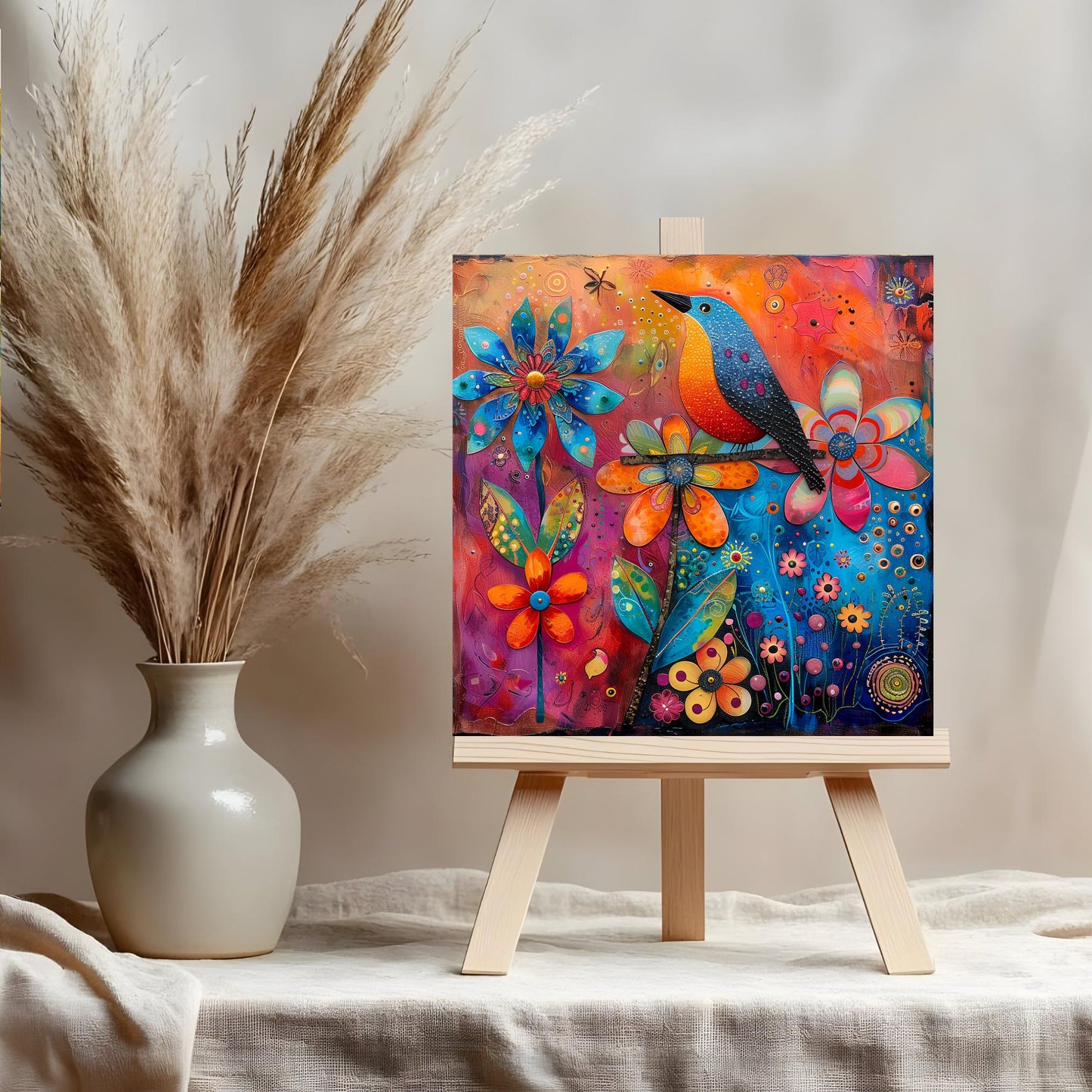 Quirky Birds Ceramic Tile Art, Whimsical Folk Art Decor for Bird Lovers, Perfect Nature-Inspired Gift and Home Accent