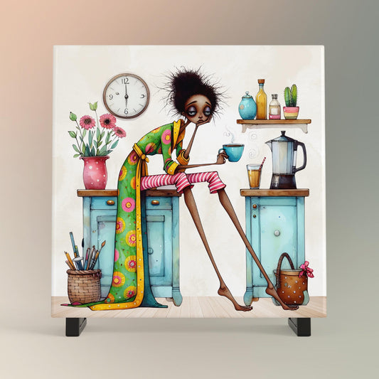 But First Coffee Black Woman Art Ceramic Tile, Trendy Wall Art Black Girl Art, Quirky African American Decor, Coffee Lovers Kitchen Decor