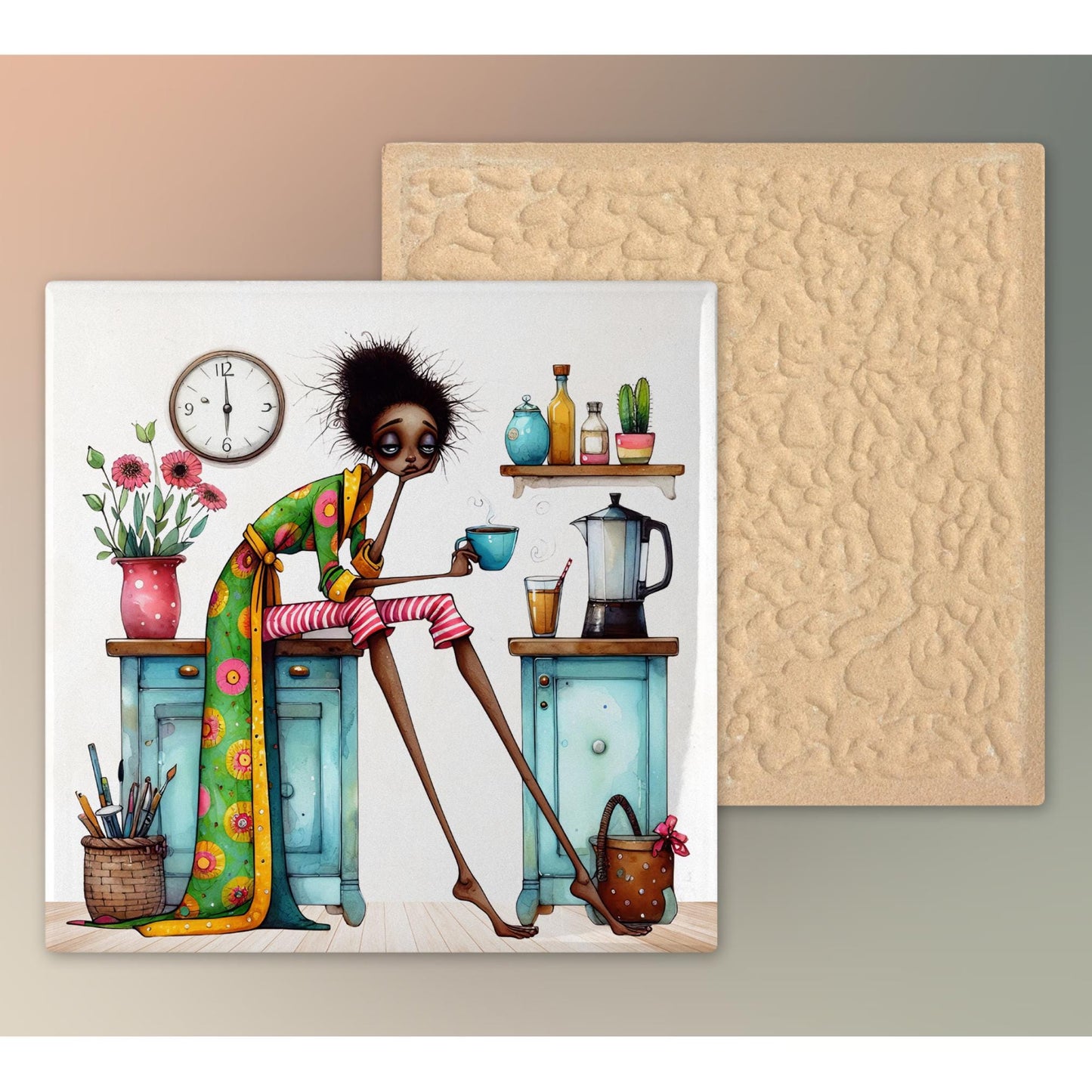 But First Coffee Black Woman Art Ceramic Tile, Trendy Wall Art Black Girl Art, Quirky African American Decor, Coffee Lovers Kitchen Decor