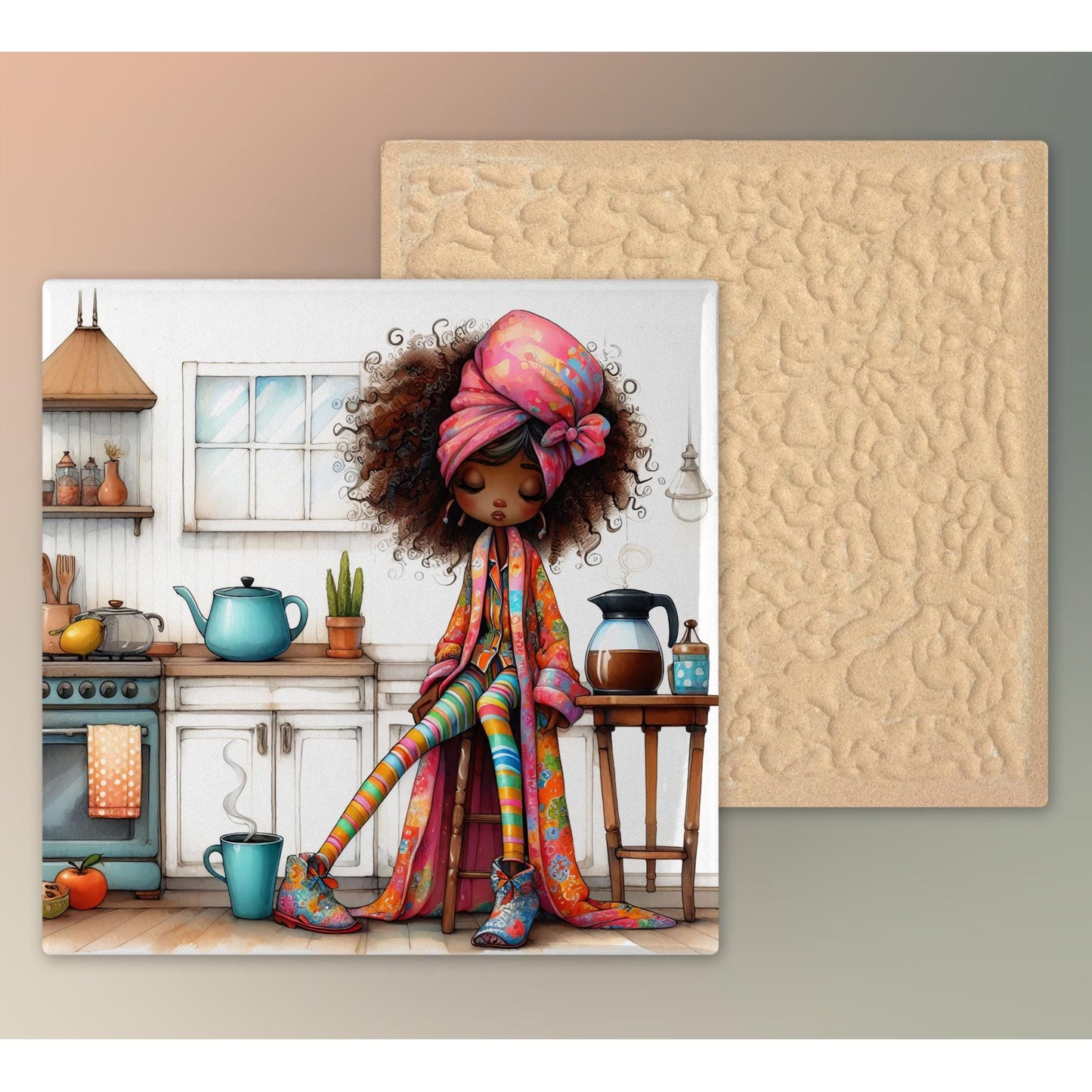 Quirky Lady Coffee Lovers Ceramic Tile Art, But First Coffee Black Woman Art, Trendy Wall Art Black Girl Art, African American Kitchen Decor