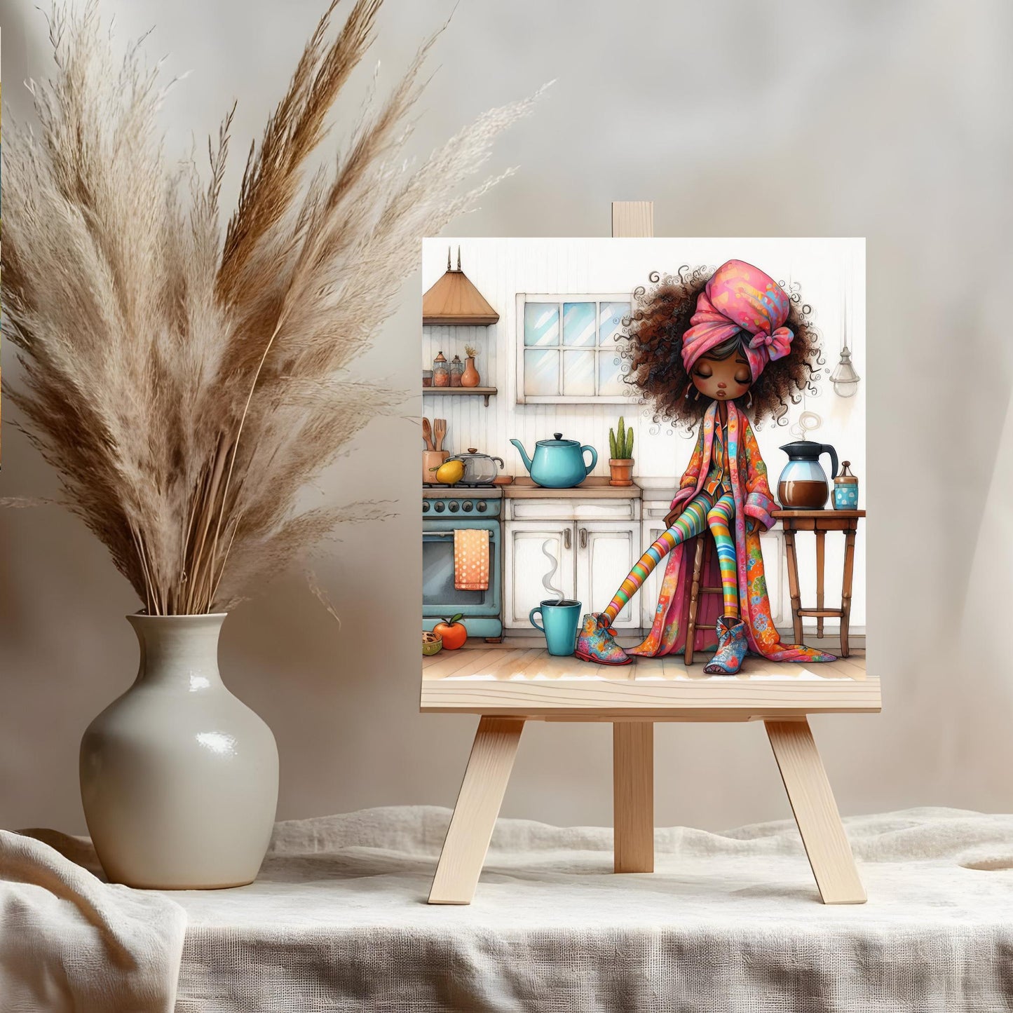 Quirky Lady Coffee Lovers Ceramic Tile Art, But First Coffee Black Woman Art, Trendy Wall Art Black Girl Art, African American Kitchen Decor