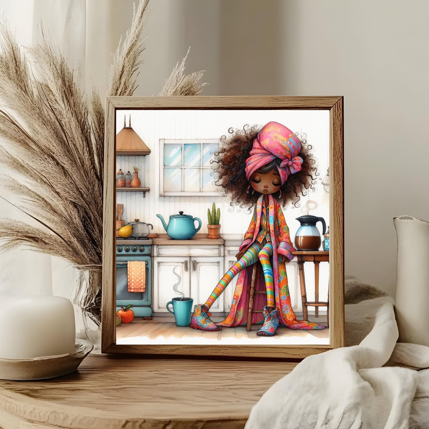 Quirky Lady Coffee Lovers Ceramic Tile Art, But First Coffee Black Woman Art, Trendy Wall Art Black Girl Art, African American Kitchen Decor