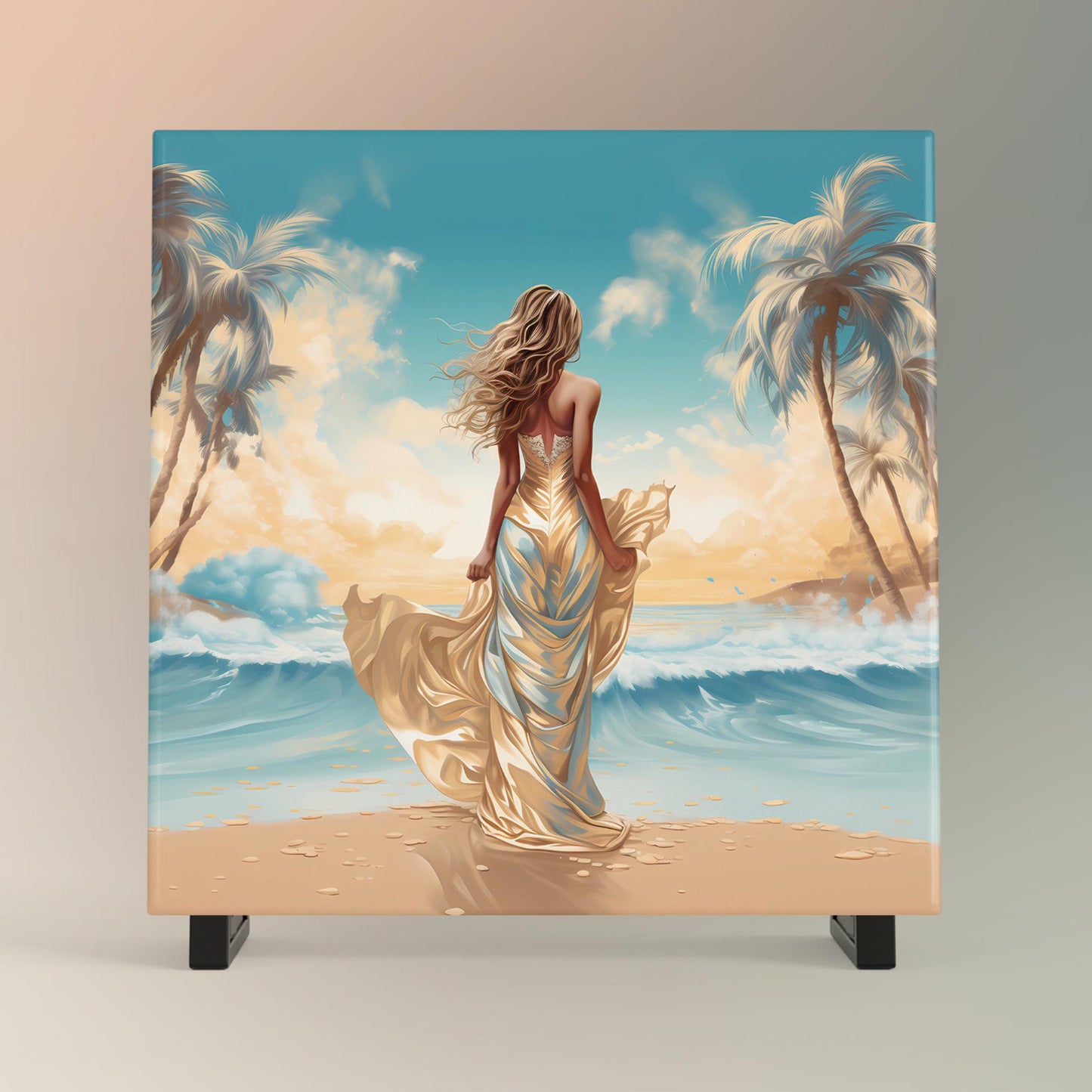 Sunny Beach Ceramic Art Tile, Seascape Ocean Views with Woman on the Beach, Ideal Decor for Coastal Aesthetic Gift